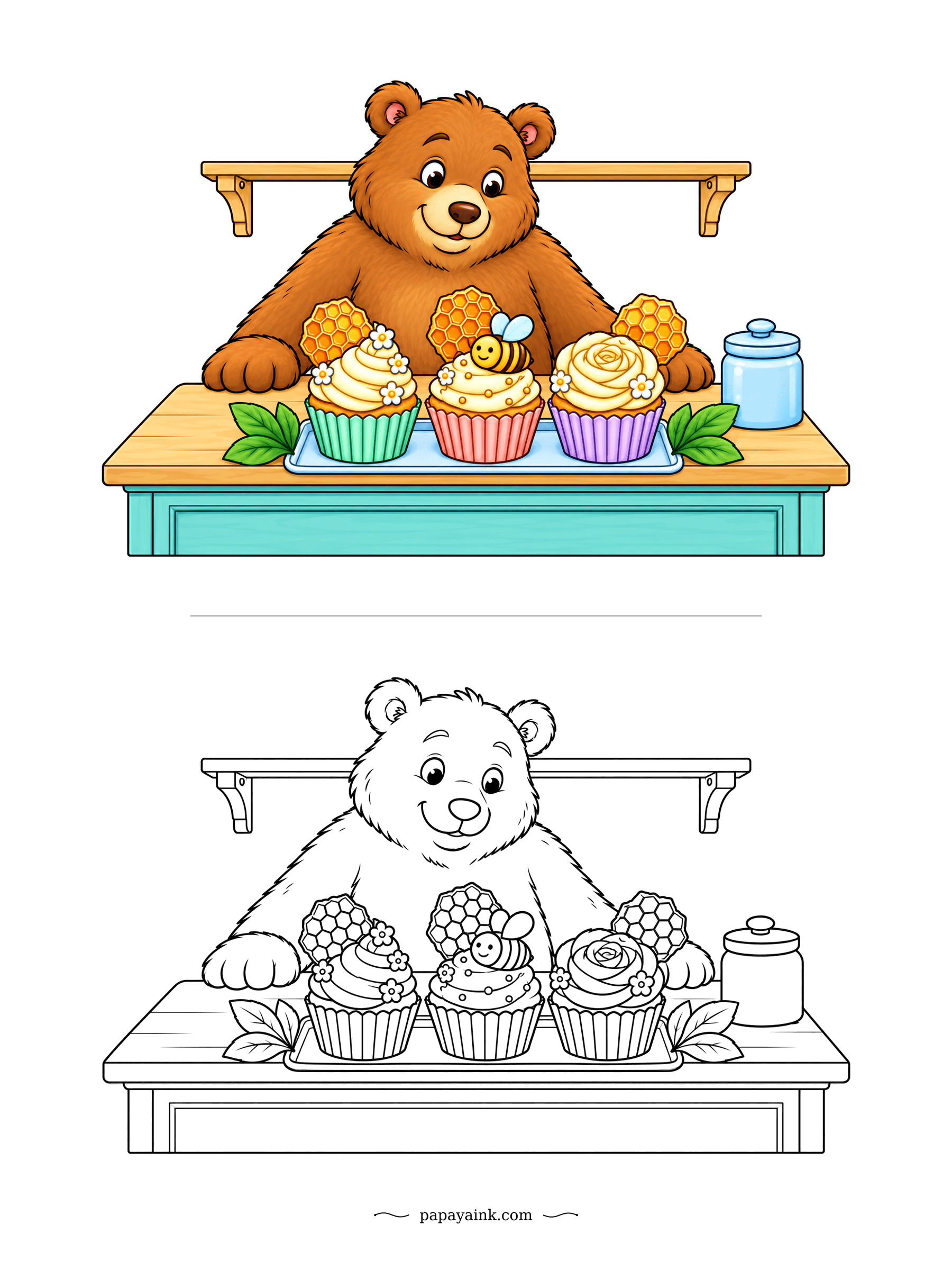Cupcake Coloring Pages - Each cake on this counter wears a piece of honeycomb, and one has a tiny bee riding on top. The jar at the end is suspiciously close to the bear's paw. Golden amber everywhere, one pale blue jar for contrast.