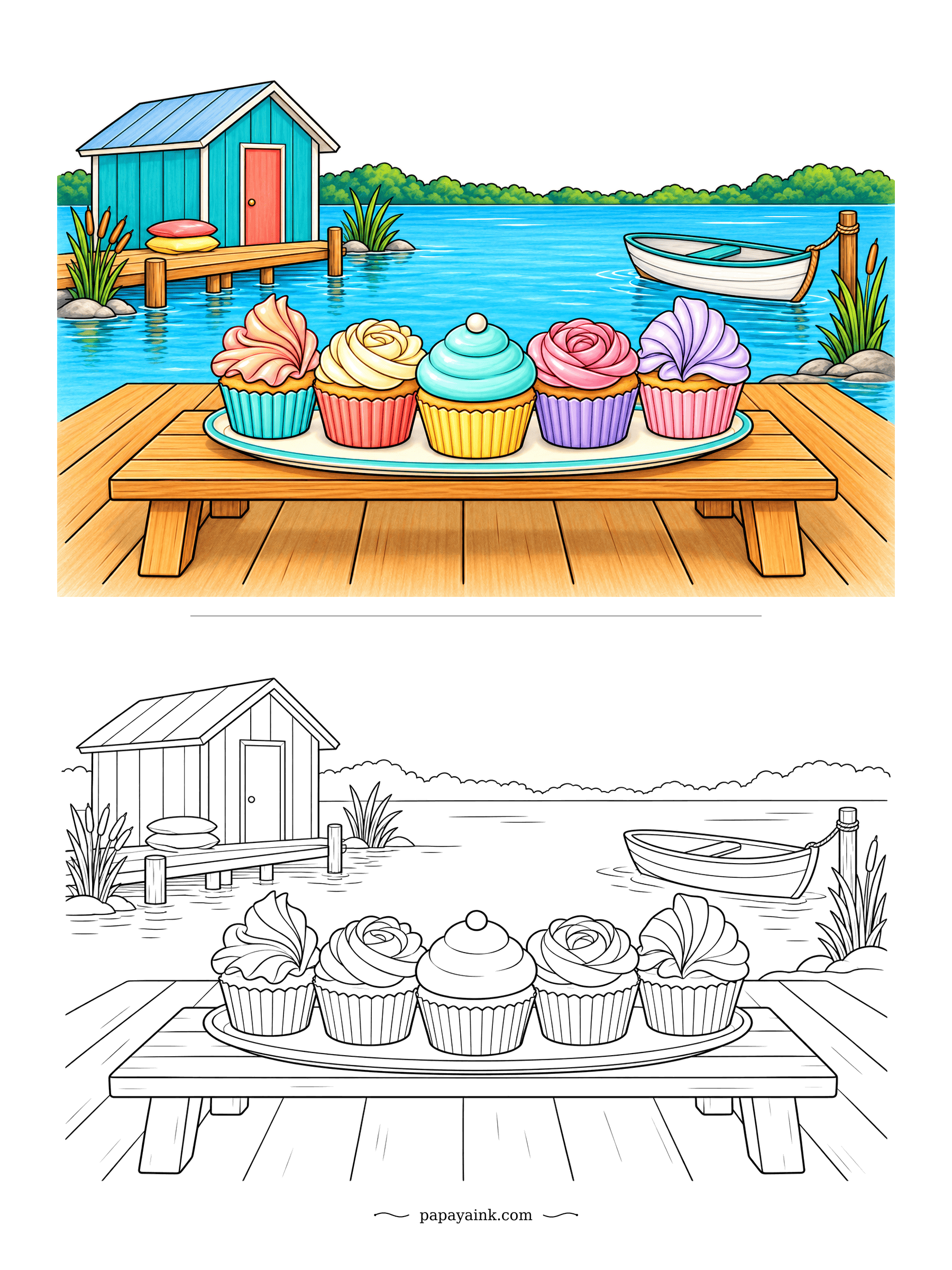 Cupcake Coloring Pages - End of the dock, five cupcakes on a low bench, a rowboat tied up nearby and the boathouse across the cove. Ruffles, roses and one smooth dome. Bright water on the guide, though a gray lake works just as well.