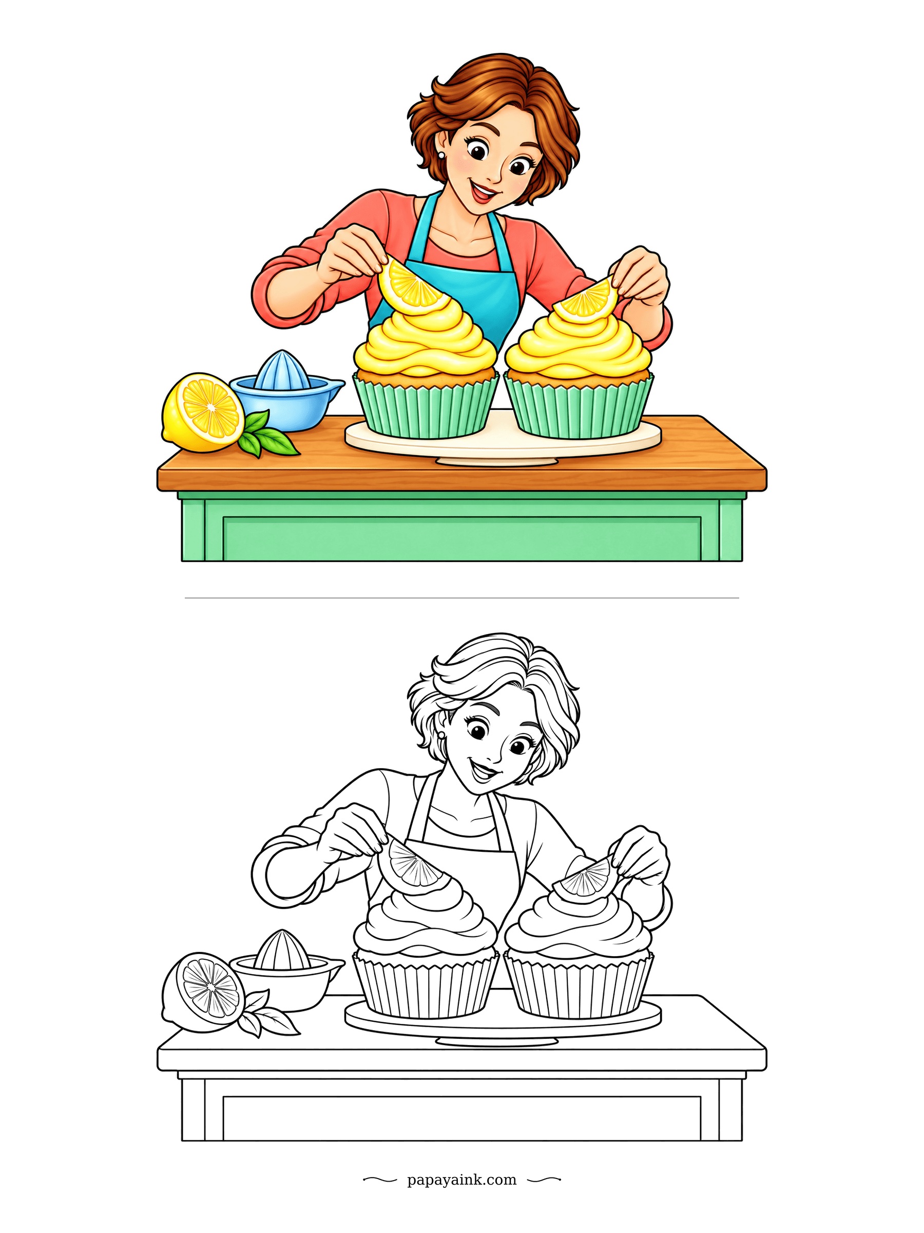 Cupcake Coloring Pages - Juicer out, lemon halves beside it, and the baker sets one last slice on each of two tall swirls. Sunny yellow icing, minty liners. A simple page with a clear focus on the finishing touch.
