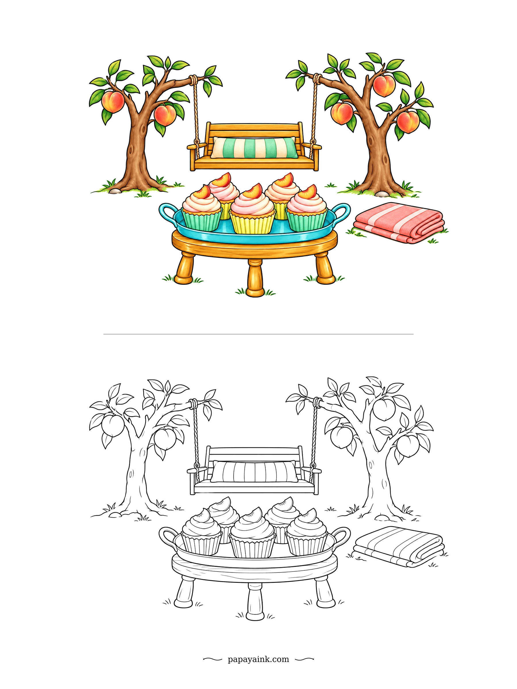 Cupcake Coloring Pages - Peach trees on both sides, a porch swing hung between them, and peach-topped cupcakes on a little stool below. The striped blanket is ready for a nap. Warm orange for the fruit, fresh green leaves.
