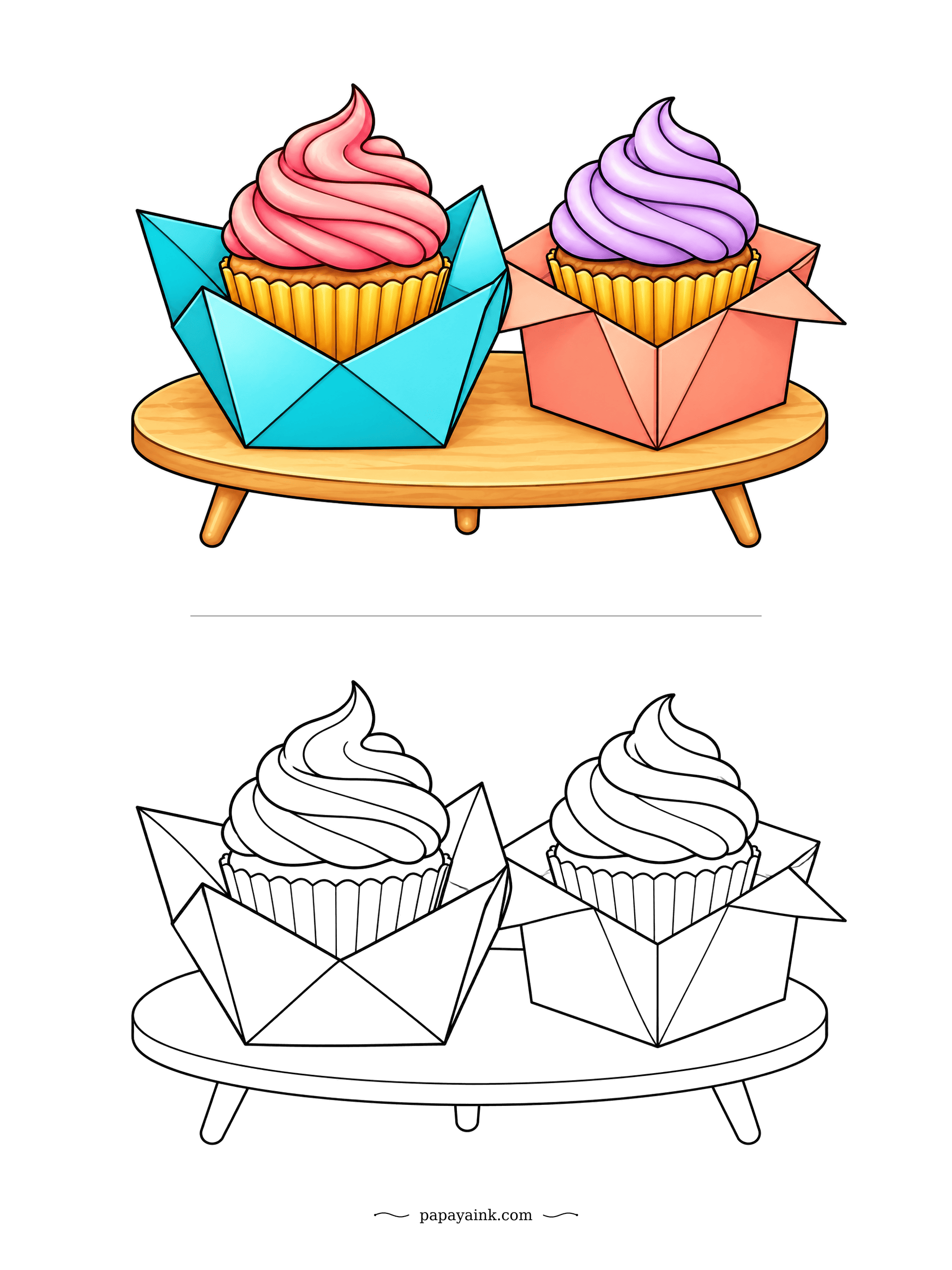 Cupcake Coloring Pages - Two cupcakes sit in folded paper boxes on a small oval stand: pink swirl in blue, purple swirl in coral. Each box shows every crease. Shade one side of each fold darker so the paper looks crisp.