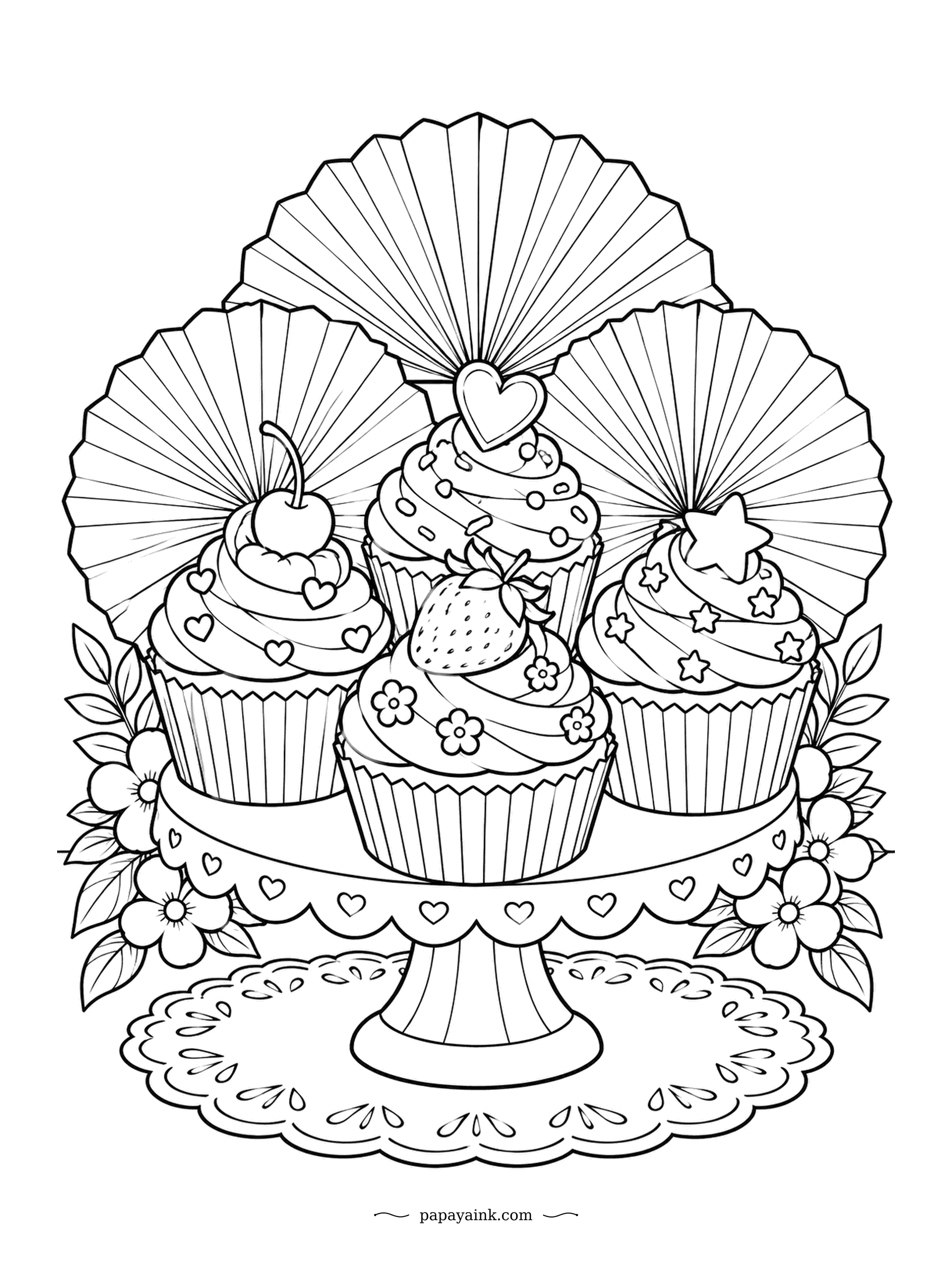 Cupcake Coloring Pages - Three paper fans open behind three cupcakes like a tiny stage, and the cake stand has hearts cut into its rim. Cherry, strawberry and a star share the spotlight, none of them willing to give it up. Fill each fan in rays, two tones alternating.