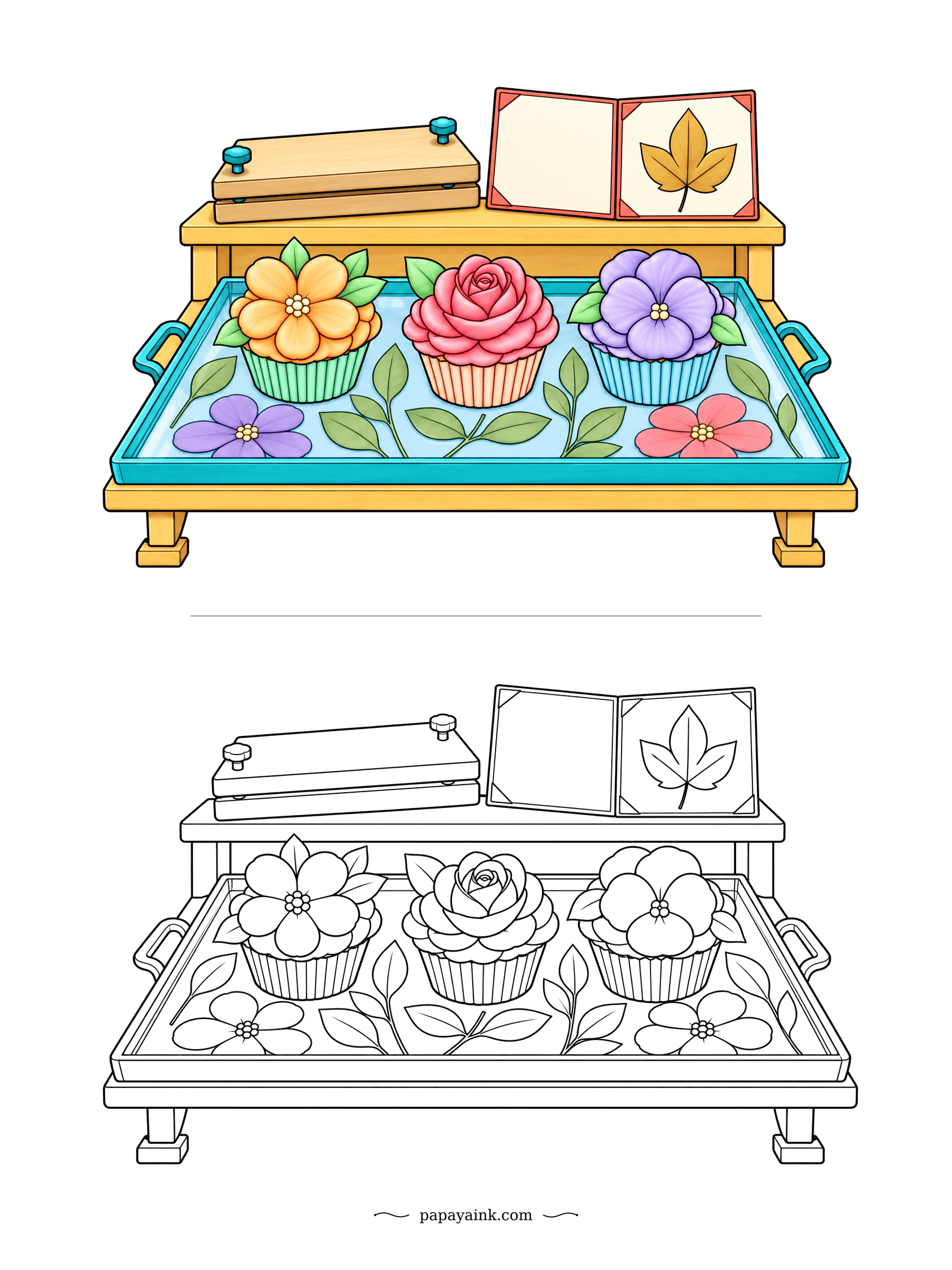 Cupcake Coloring Pages - Flower press on the shelf, a leaf album open beside it, and below, a glass-topped tray full of pressed petals. The cupcakes wear the same blooms in icing. Orange, rose and violet on a cool aqua base.