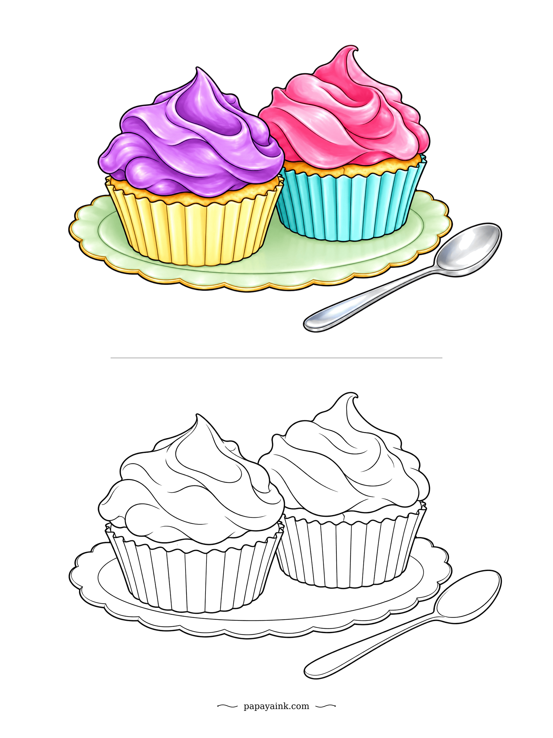 Cupcake Coloring Pages - Two generous swirls swept with the back of a spoon, sharing a scalloped plate. No sprinkles, no toppers, nothing to hide behind. Violet and pink on the guide; the smooth tops are good practice for blending.