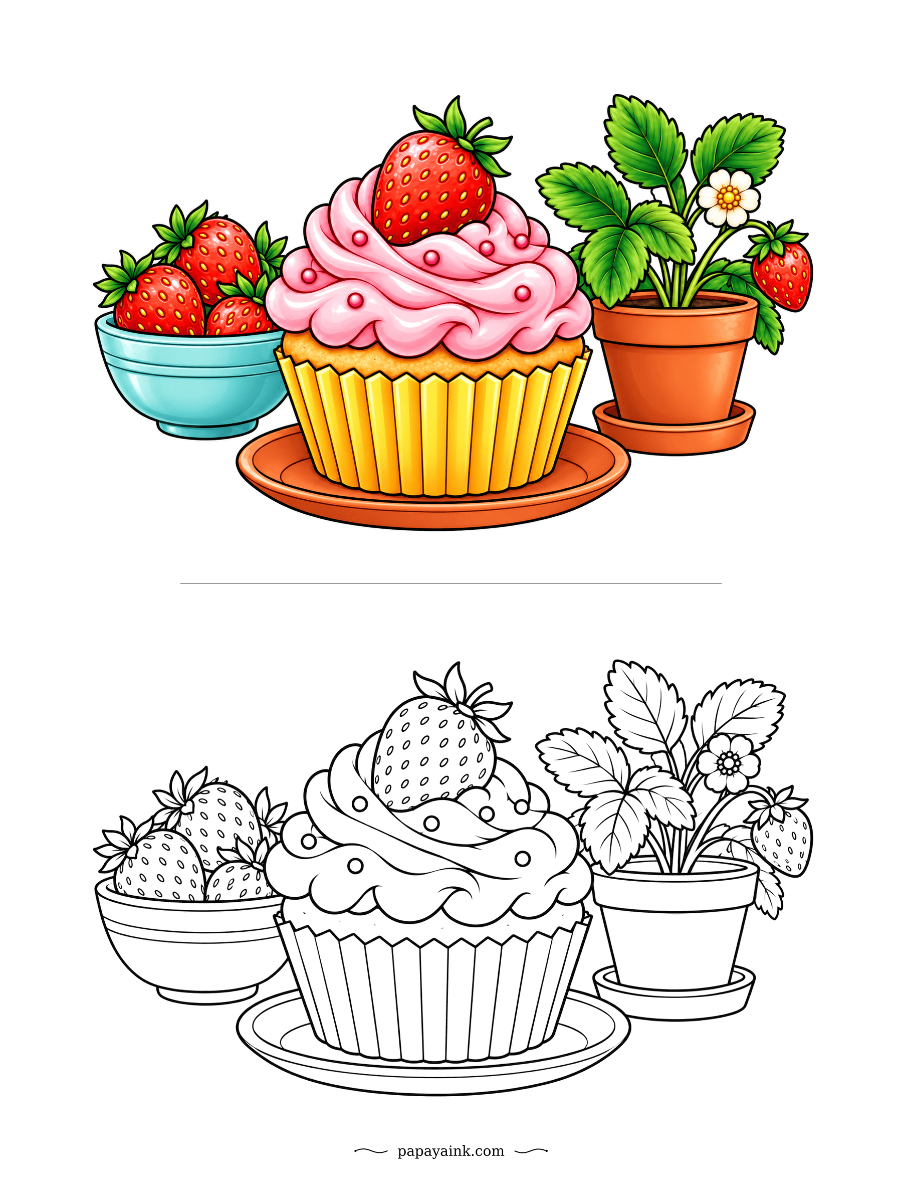 Cupcake Coloring Pages - Strawberry plant in its pot, a bowl of berries beside it, and one big cupcake crowned with the best of the harvest. The plant still has a flower and a berry left to give. Deep red, leafy green, sunny wrapper.