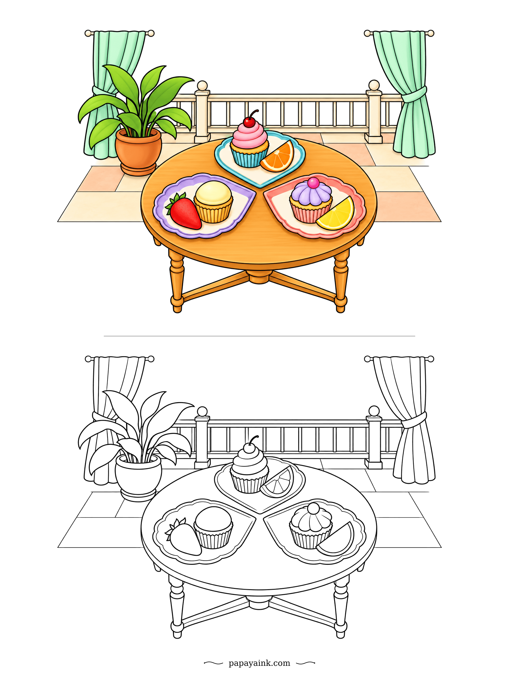 Cupcake Coloring Pages - Teardrop plates fit together like puzzle pieces on a balcony table, each with one cupcake and a slice of fruit. Curtains tied back, a houseplant in the corner. Three plate colors make the whole page.