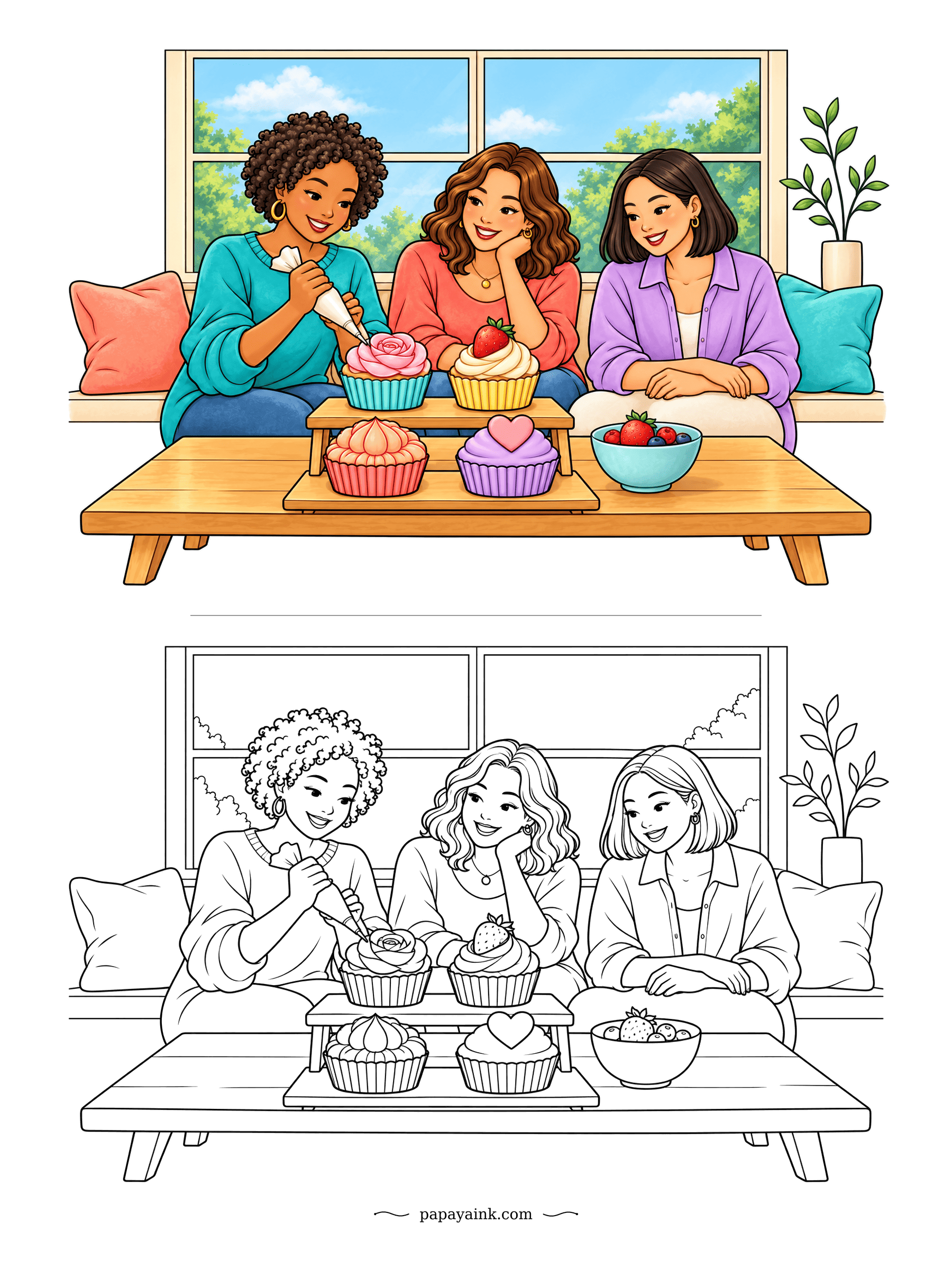 Cupcake Coloring Pages - Friends on the window seat: one pipes a rose while the other two watch and wait their turn. Berries in a bowl on the coffee table. Pale sky in the window, clouds left white.