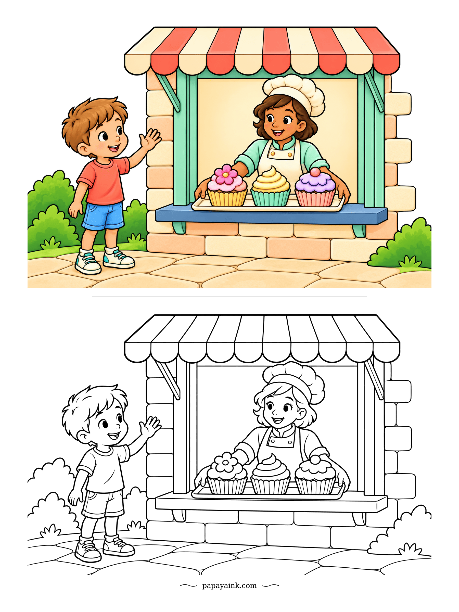 Cupcake Coloring Pages - A boy waves at the bakery window, and a tray of three fresh cupcakes leans out to meet him. The awning is red and cream on the color guide. Big shapes and a happy ending.