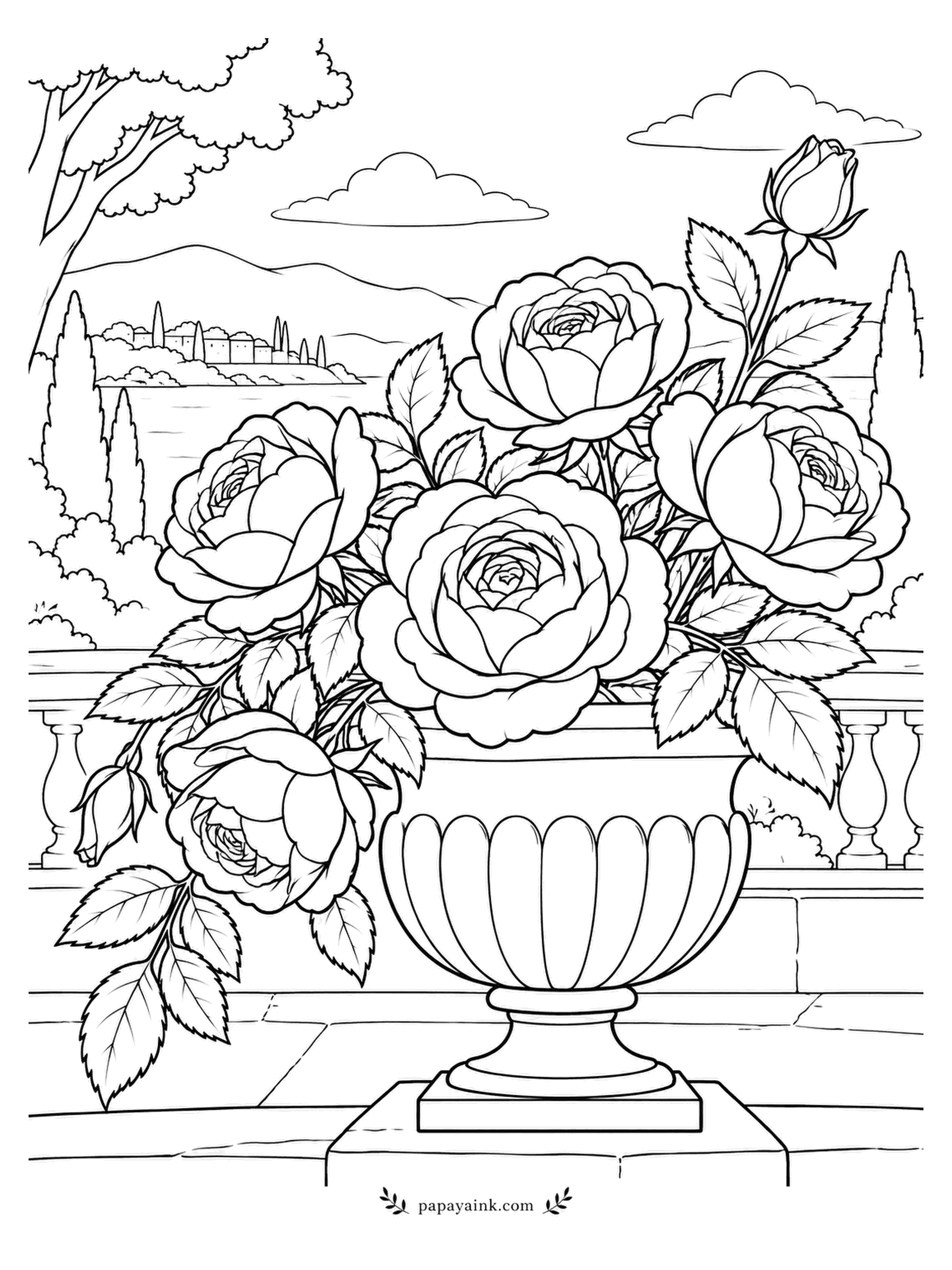Rose Coloring Pages - Stone urn, balustrade, a lake below and cypresses beyond: the full Italian terrace treatment. Cupped heads spill over the rim. Try a warm limestone tone for the urn and cool blue for the water.
