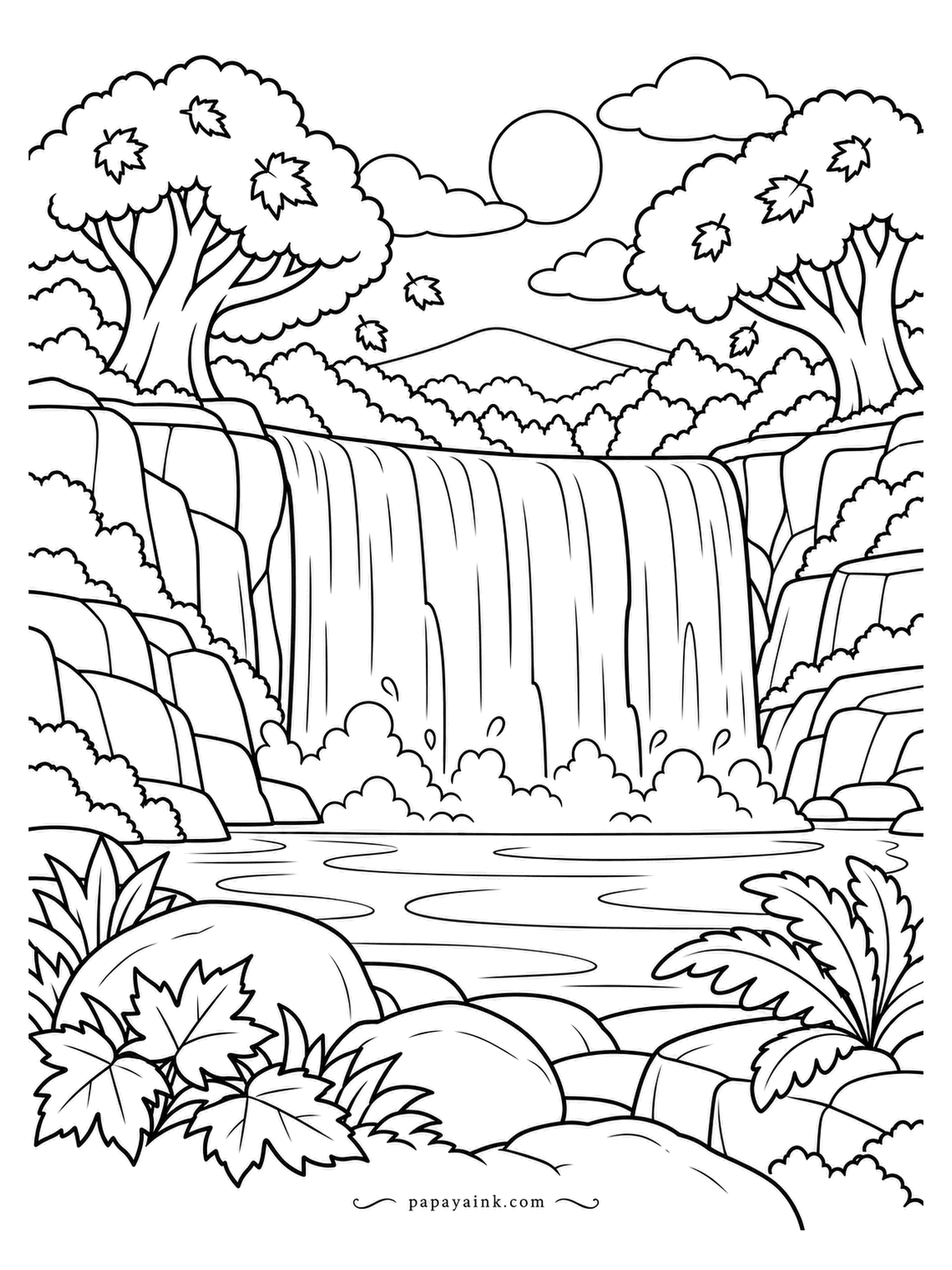 Nature Coloring Pages - A wide curtain of water pours over a ledge while maples drop their leaves into the mist. The river below is already full of autumn. Use orange and crimson for the trees, then keep the curtain almost uncolored for contrast.