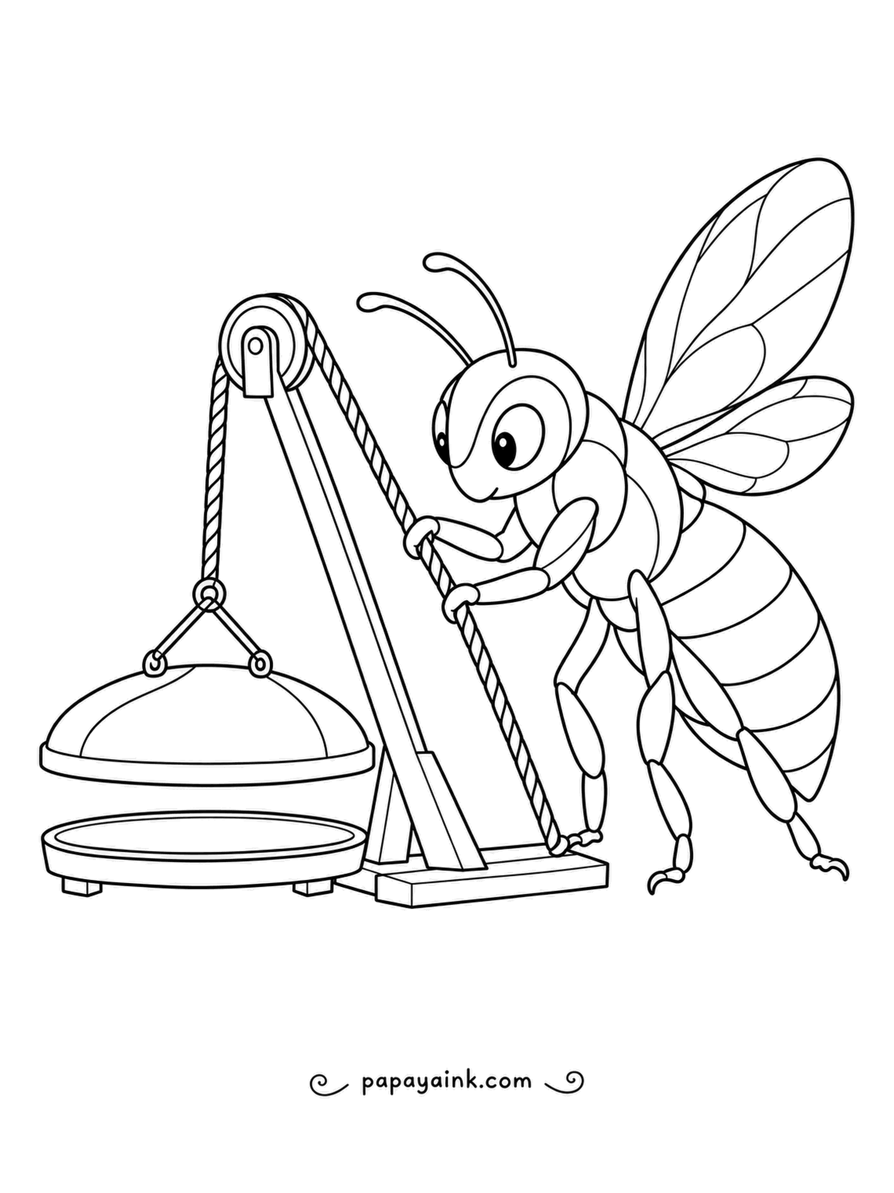 Bee Coloring Pages - Hauling on a twisted rope, a cheerful bee raises a domed lid with a pulley fixed to a slanted wooden frame. Smooth curved panels on its body and wings are easy to fill with gentle, even shading.