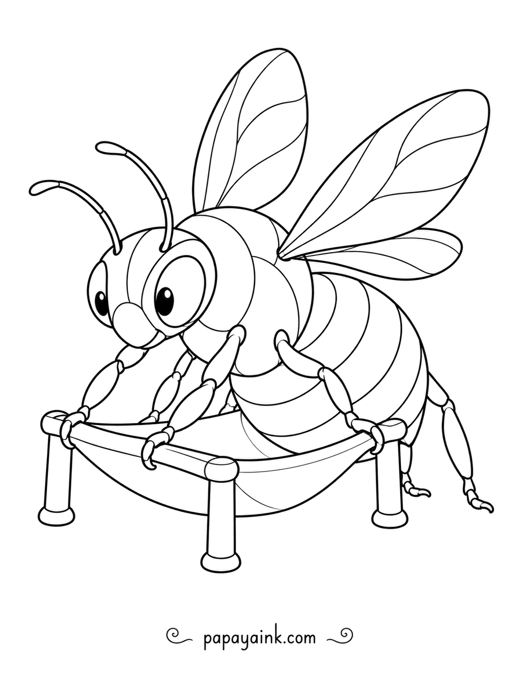 Bee Coloring Pages - Gripping the rails of a sling seat, a round-eyed bee settles in slowly so the fabric sags under its weight. Shade the dip in the seat a little darker to show where the bee sits.