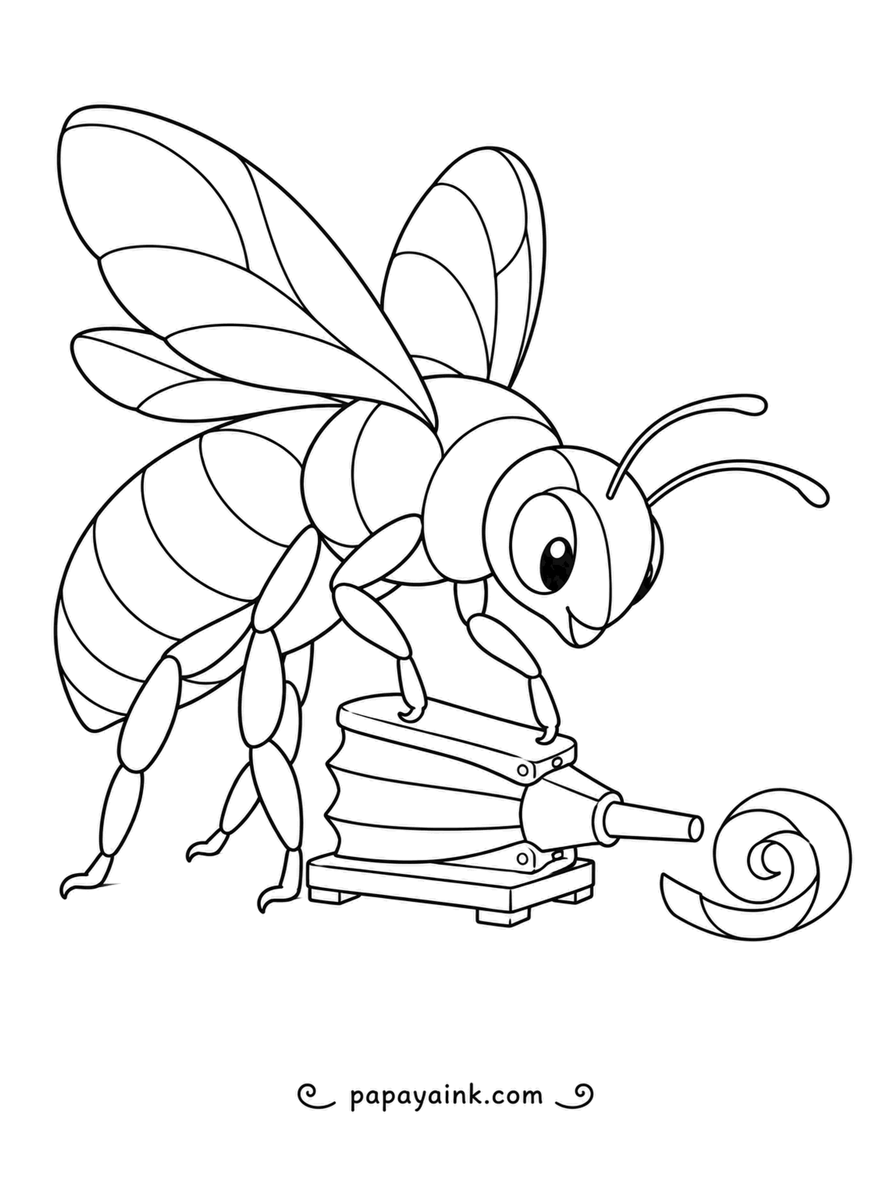 Bee Coloring Pages - Pressing down on a pleated bellows, a smiling bee puffs air out through the nozzle, and a little swirl drifts away. The folds of the bellows echo the stripes on its body, a neat pattern pairing.