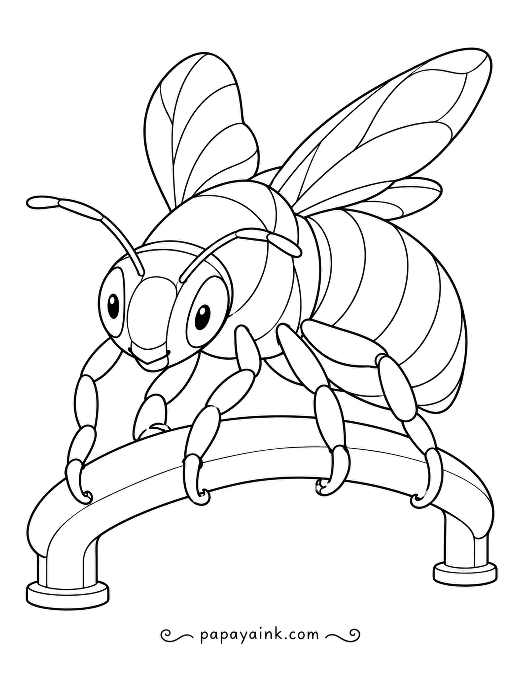Bee Coloring Pages - Legs hooked over an arched pipe, a smiling bee perches across the rail like a rider on a horse. Smooth, rounded panels on its body and wings take soft blending very nicely.