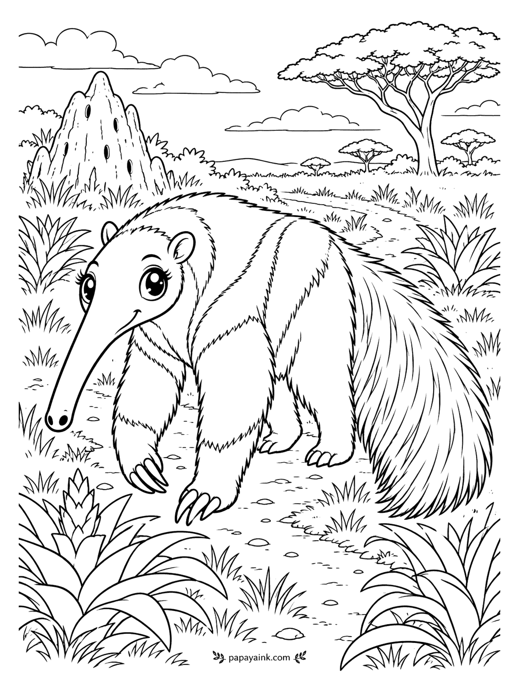 Cute Animal Coloring Pages - Lunch is the termite mound in the background. A giant anteater ambles through tall grass, snout down, its brush of a tail sweeping after it. Stroke the tail in long lines with a sharp pencil.
