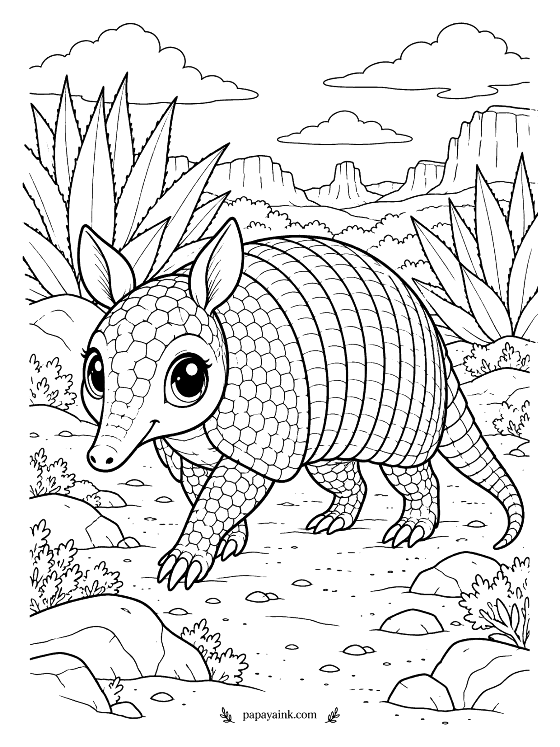 Cute Animal Coloring Pages - Built like a tiny tank with ears like two petals, an armadillo noses across a desert canyon floor between spiky agaves and flat-topped rocks. Each band of the shell can take its own shade of tan.