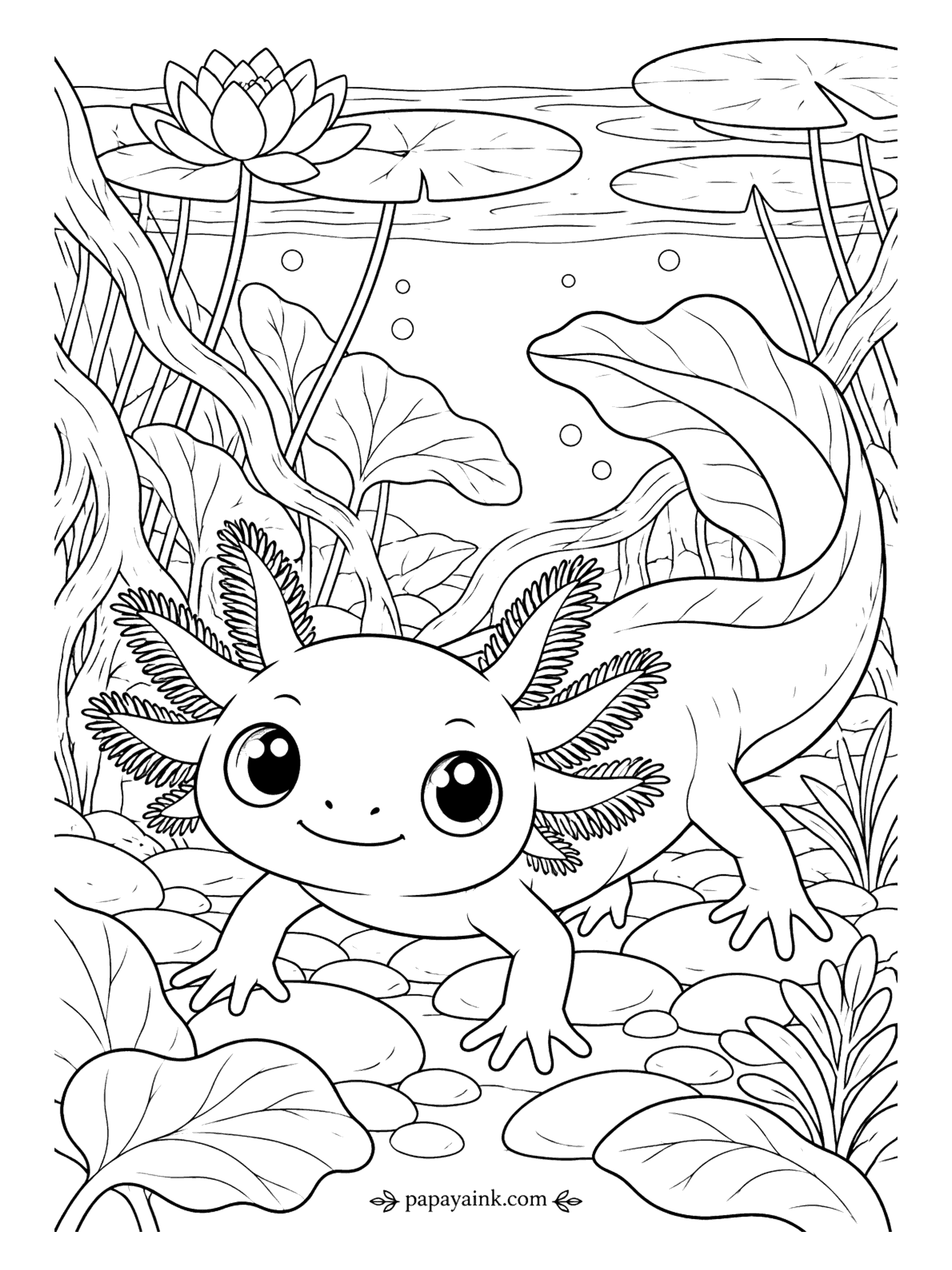 Cute Animal Coloring Pages - Six feathery gills, a permanent smile, and a pond to itself. An axolotl rests on the bottom under lily pads and lotus flowers, tail curled behind. Pink is classic, but wild axolotls are dark olive brown.