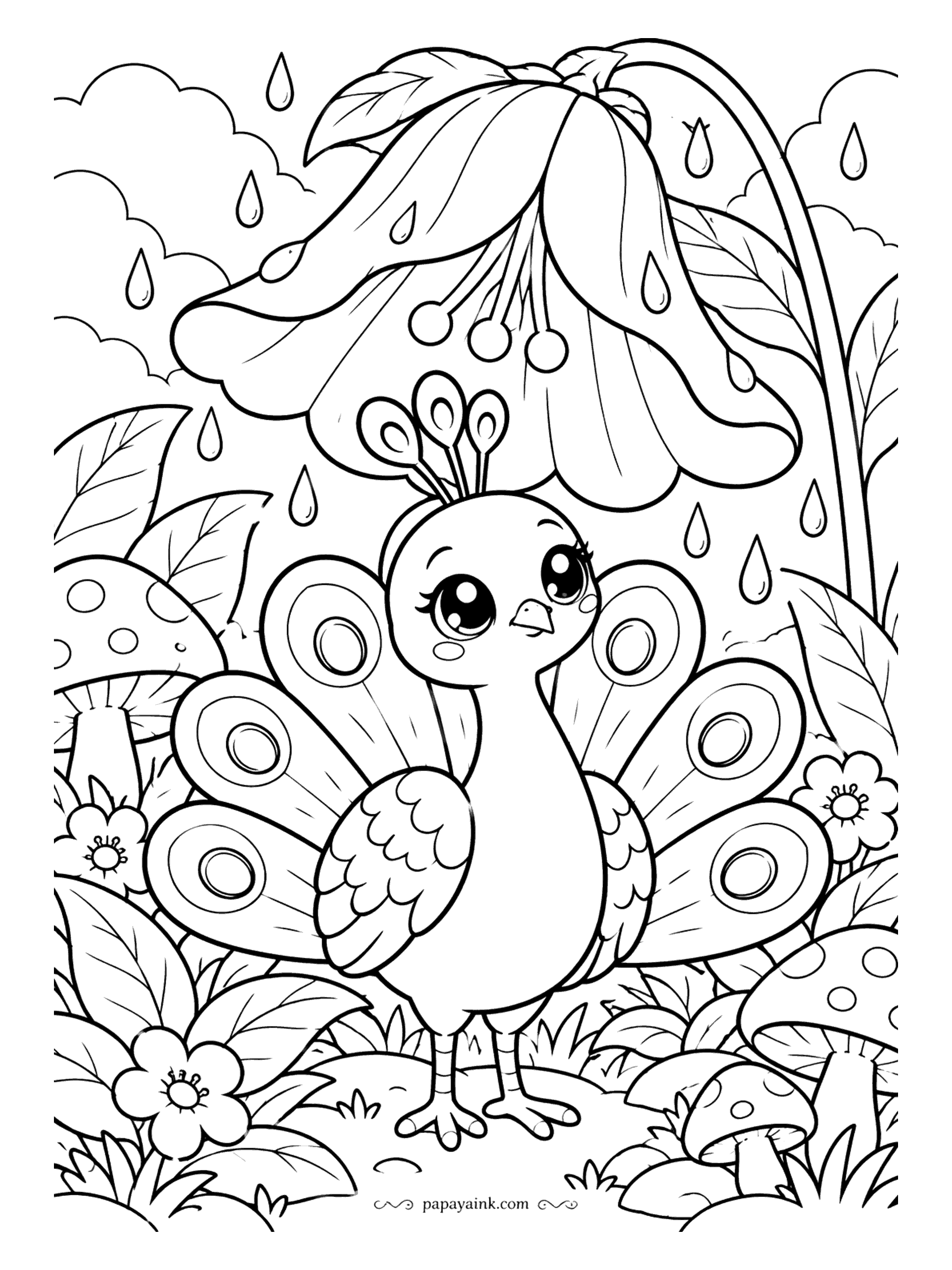 Peacock Coloring Pages - Rain again, and the chick has found the one bellflower big enough to shelter under. Spotted mushrooms, a tiny tail already trying to fan, and raindrops the size of its head. Big open shapes, a good first peacock for a beginner.