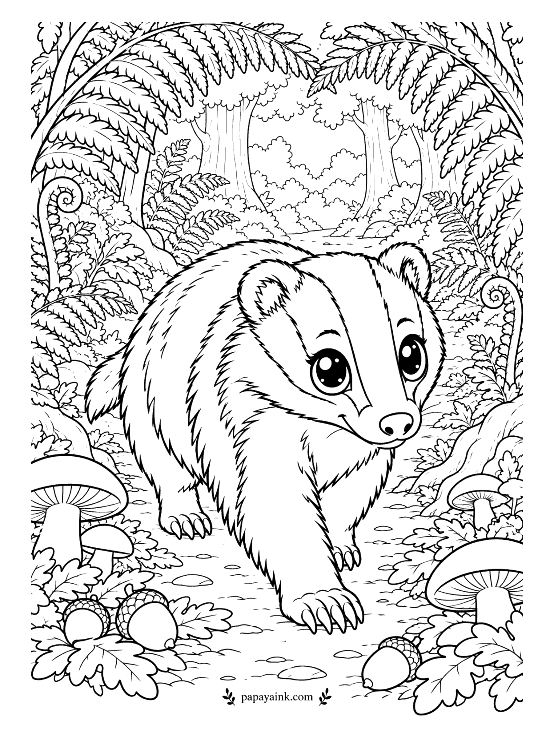 Cute Animal Coloring Pages - Night shift starts early for this badger. It trots out between giant ferns and toadstools, acorns underfoot and tall old trees all around. Keep the white stripe down its face clean - it is the whole character. Detailed.