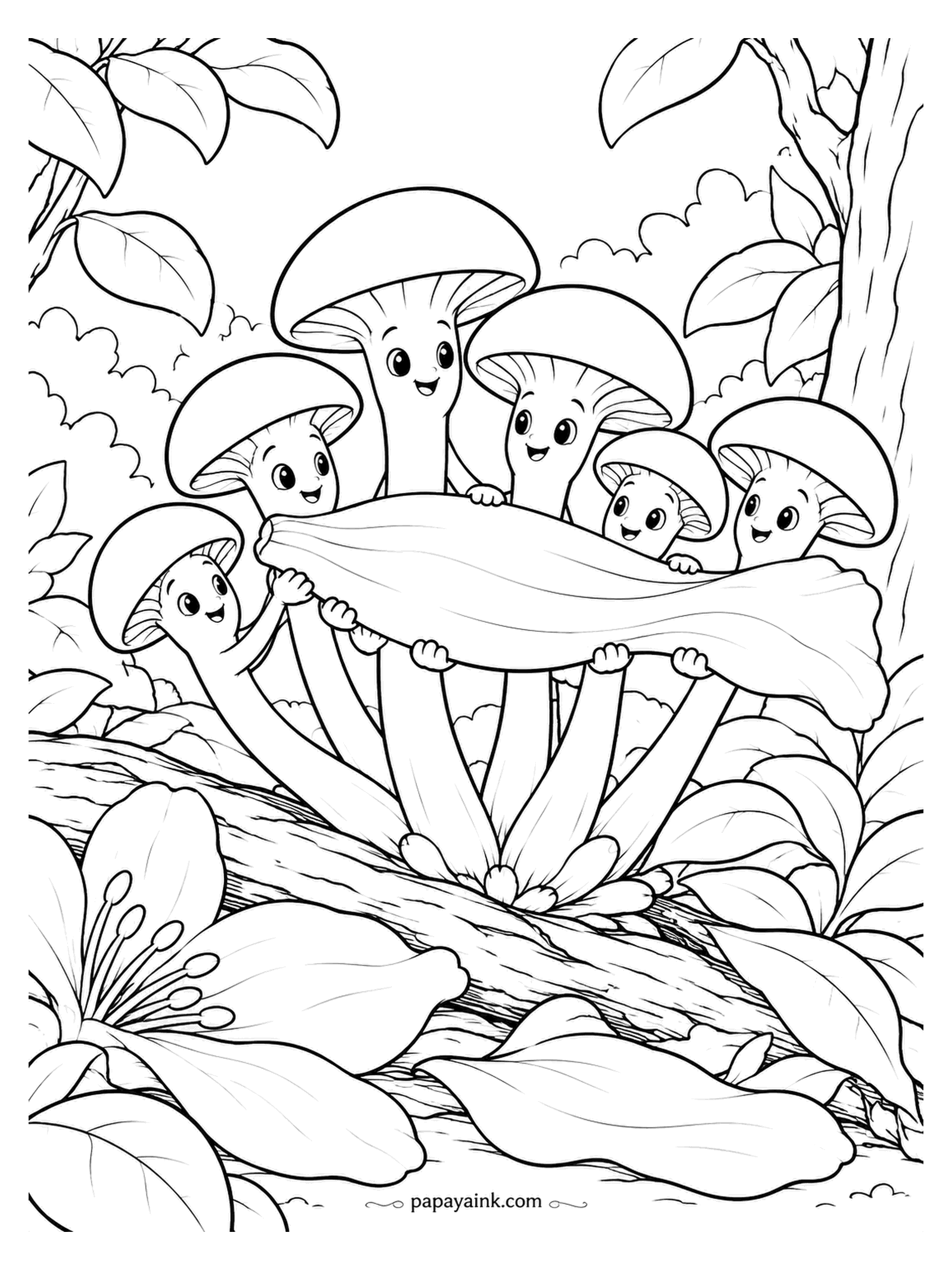 Mushroom Coloring Pages - Seven beech mushrooms, one fallen petal, and every pair of hands on it at once, because that is how a cluster does things. Real beech caps carry a faint marbled pattern; a few light strokes in a darker tan will do it.
