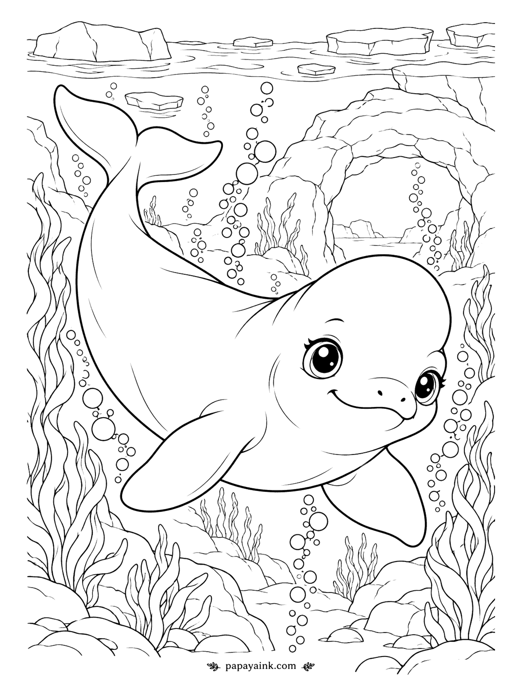 Cute Animal Coloring Pages - Belugas are sometimes called sea canaries for all their chirps and whistles, and here it looks ready to sing. It cruises past rocks and seaweed with a column of bubbles rising. Mostly white, so color the sea around it.