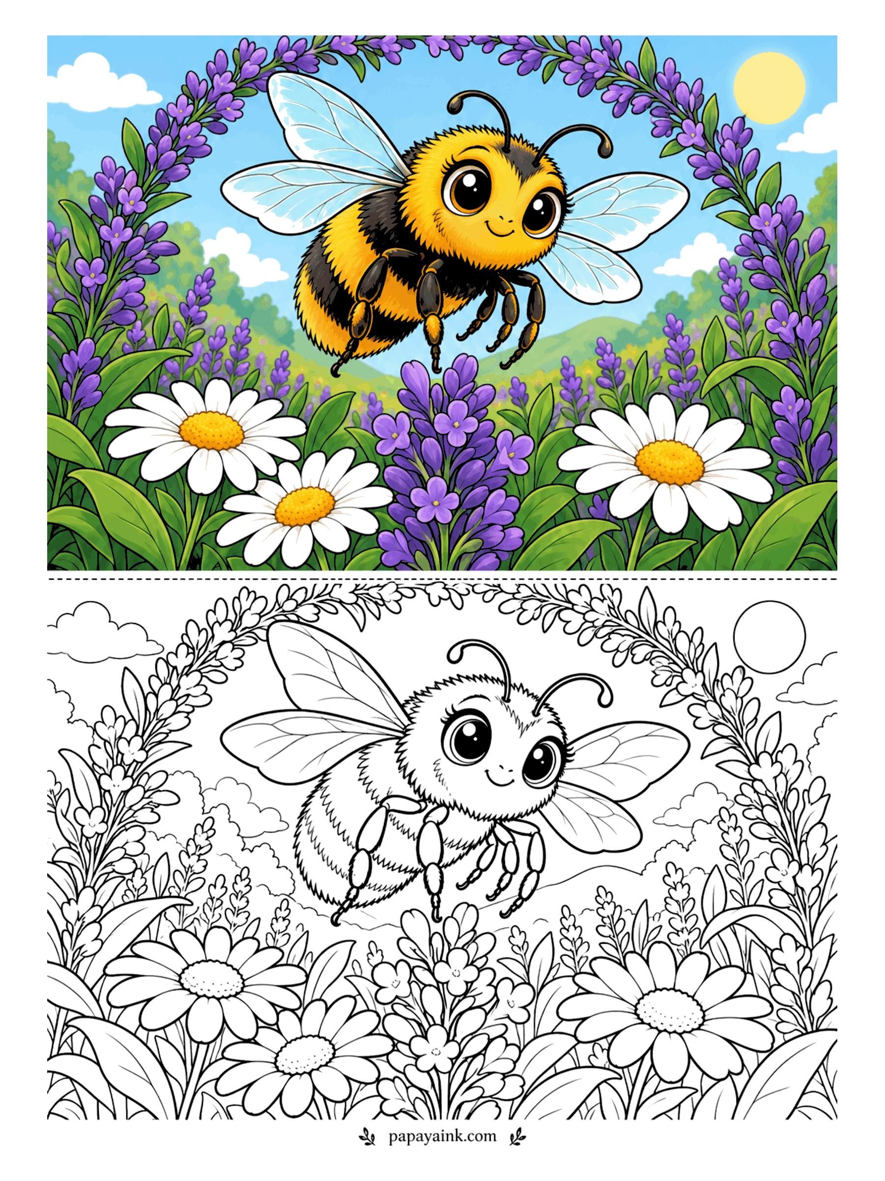 Cute Animal Coloring Pages - A bumblebee on its rounds, buzzing through an arch of lavender with daisies below and the sun overhead. Fuzzy yellow and black bands, wings left nearly clear. Short strokes give the fur its fluff.