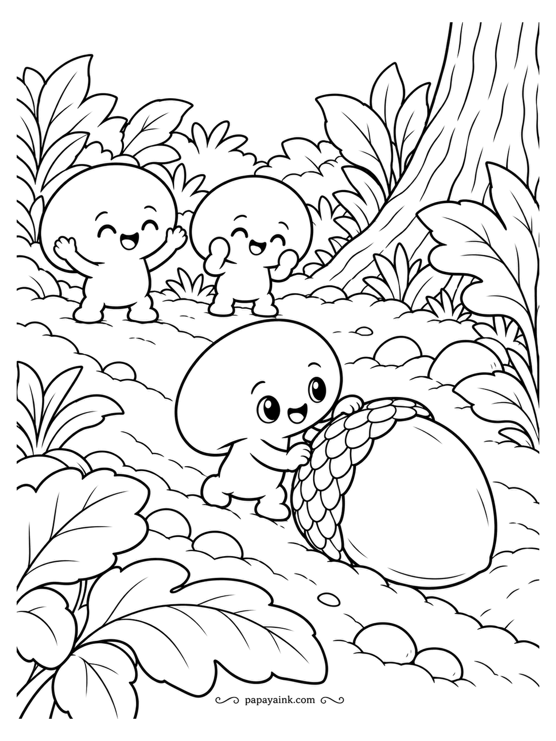 Mushroom Coloring Pages - It takes one button mushroom to roll an acorn and two more to cheer. Buttons are picked while the cap is still closed, which is why these three are basically round. Snow-white mushrooms against a brown acorn and oak leaves: an easy, cheerful sheet.