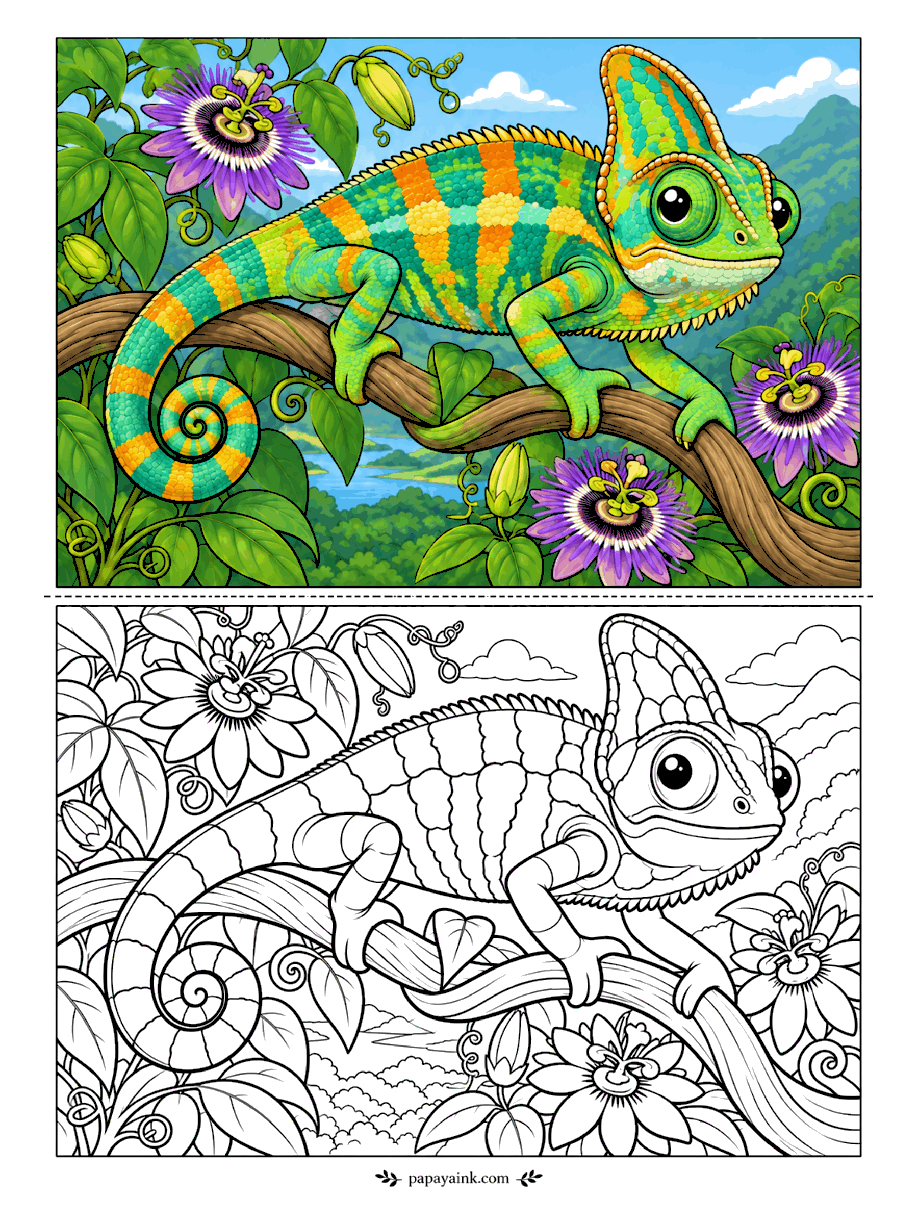 Cute Animal Coloring Pages - A chameleon is slow on its feet and lightning-fast with its tongue, which can shoot out farther than its body is long. Here it creeps along a vine between purple passionflowers. Bands of green, teal and orange - or invent a mood of your own.