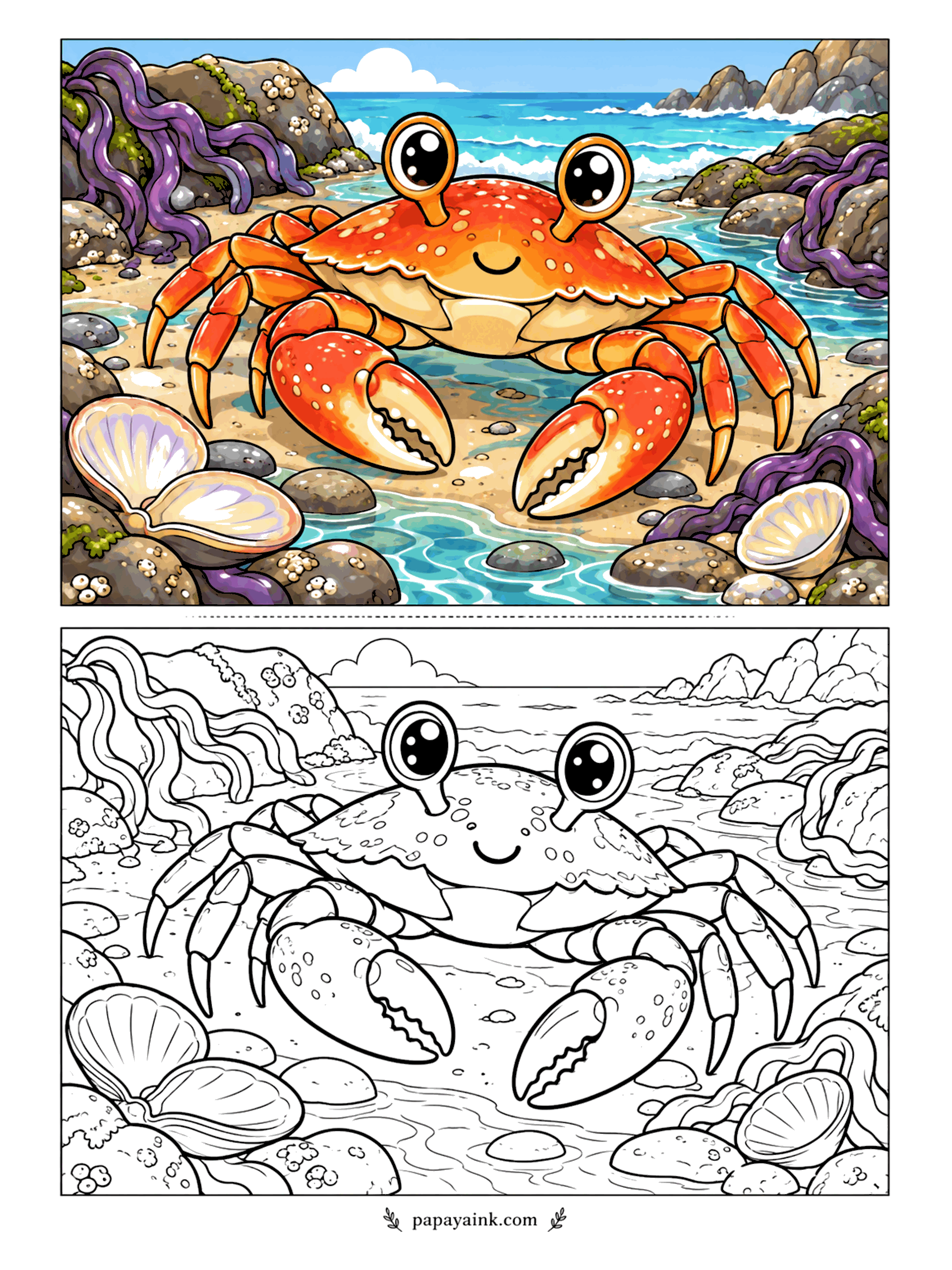 Cute Animal Coloring Pages - Claws raised and eyes up on stalks, a crab sits in a rocky tide pool with mussels, scallop shells and purple seaweed around the edge and surf breaking behind. Rocks and shells fill most of the picture - a good one for earth tones.