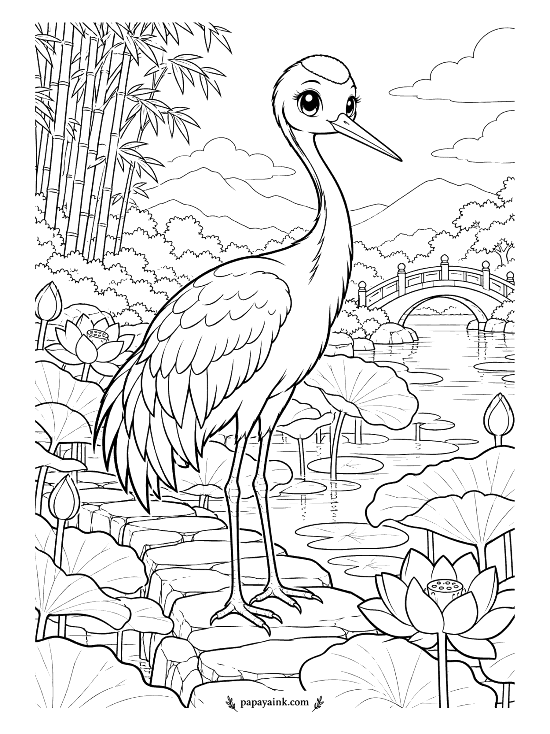 Cute Animal Coloring Pages - A crane picks its way across a lotus pond on stilt-thin legs, stepping from stone to stone between leaves the size of umbrellas. An arched bridge and a bamboo grove fill the background. Gray and white bird, pink lotus buds.