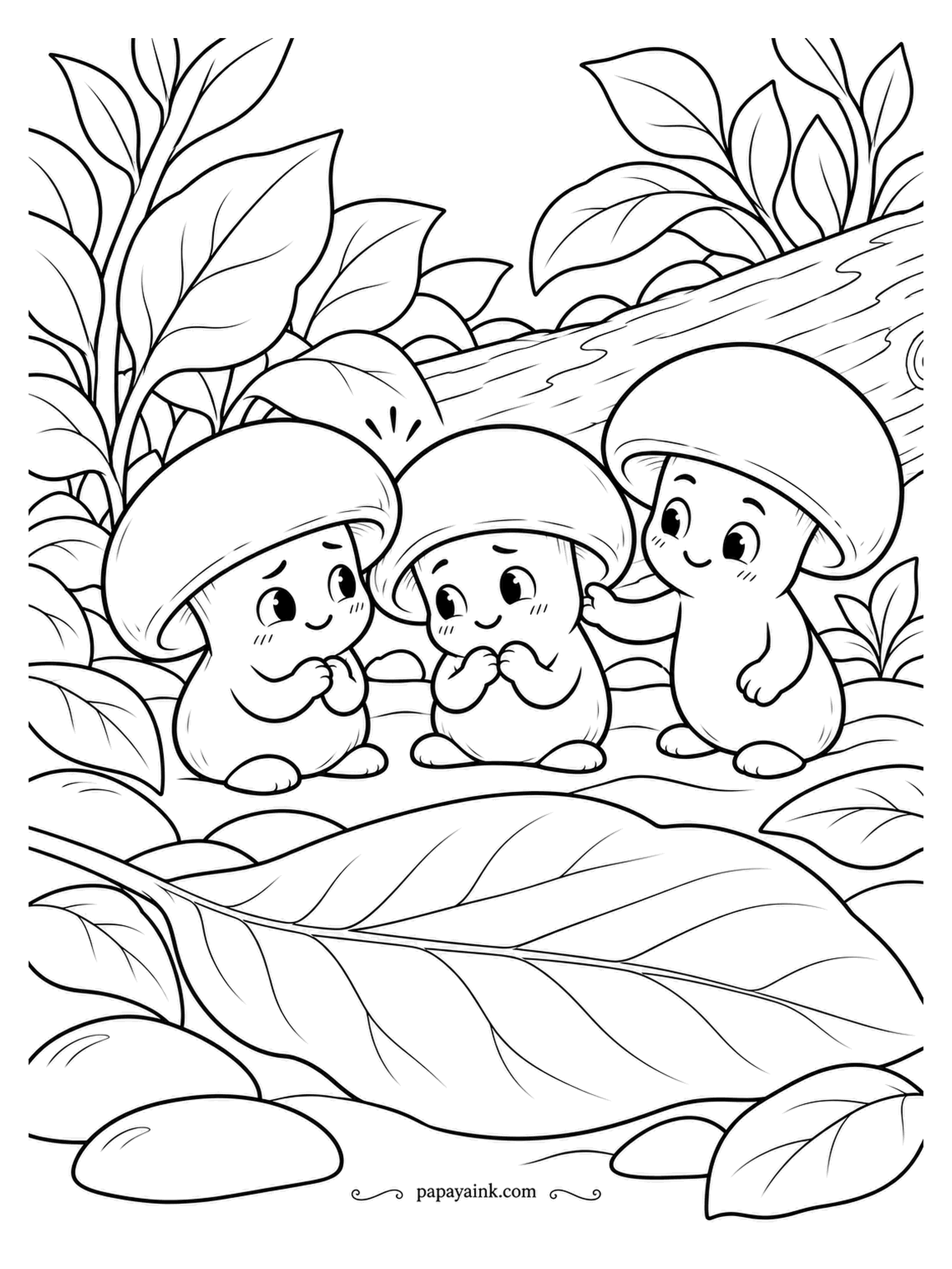 Mushroom Coloring Pages - Two creminis bumped caps on the way around the log and are both very sorry about it, while the third one tries not to laugh. Cremini caps are a warm coffee brown; leave the faces pale so the blushing shows.