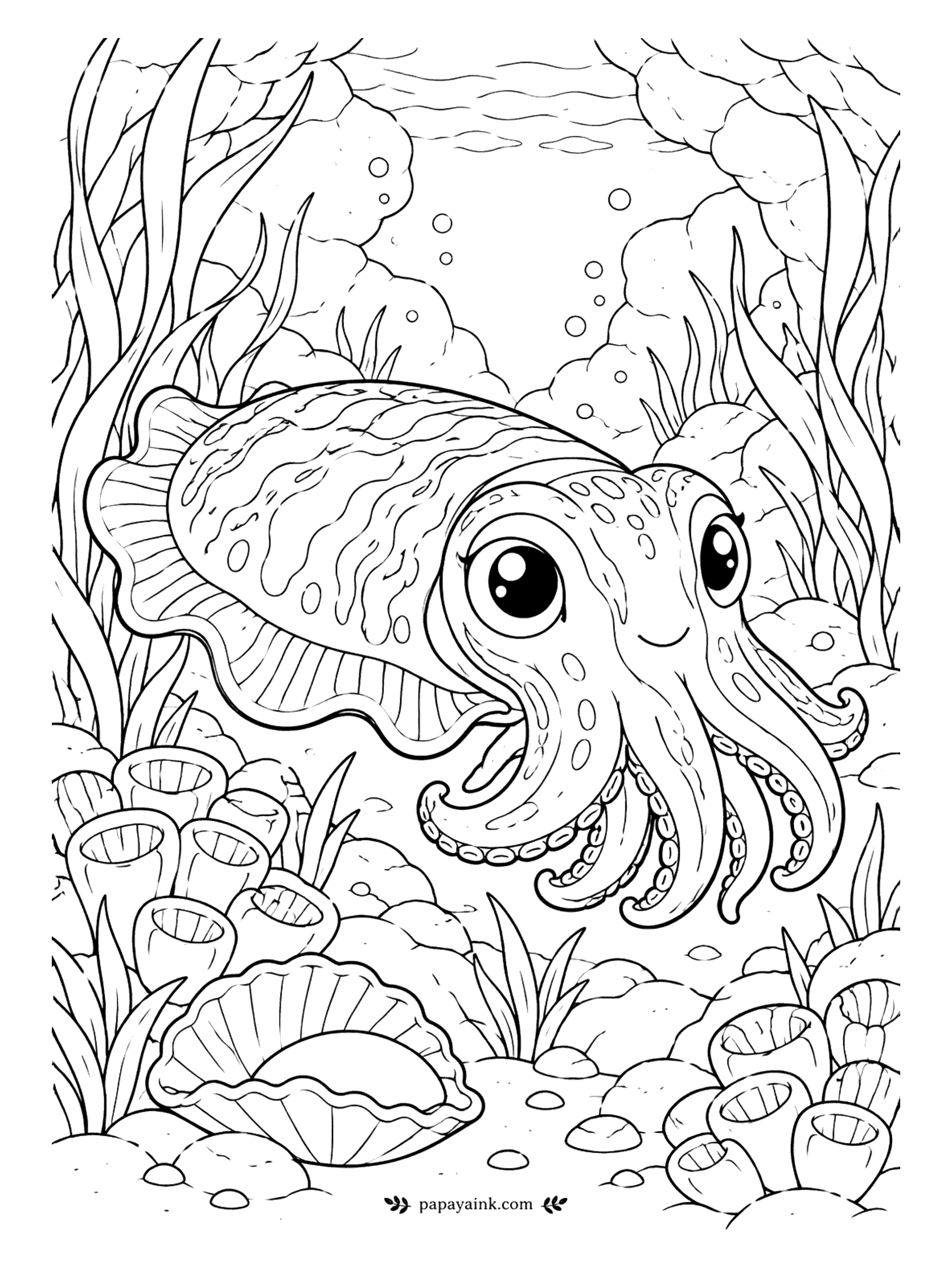 Cute Animal Coloring Pages - Cuttlefish change color in a blink, so any palette is correct here. It hovers over cup corals and an open shell, fins rippling along its sides and short arms curled in front.