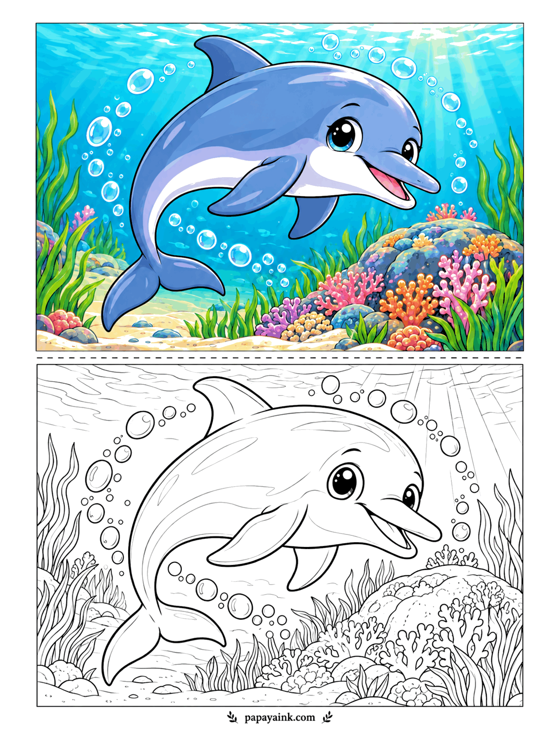 Cute Animal Coloring Pages - Mid-leap underwater, a dolphin arcs through a trail of bubbles above a reef edge, sunbeams cutting down from the surface. A single animal in two blues, which leaves plenty of time for the coral garden underneath.