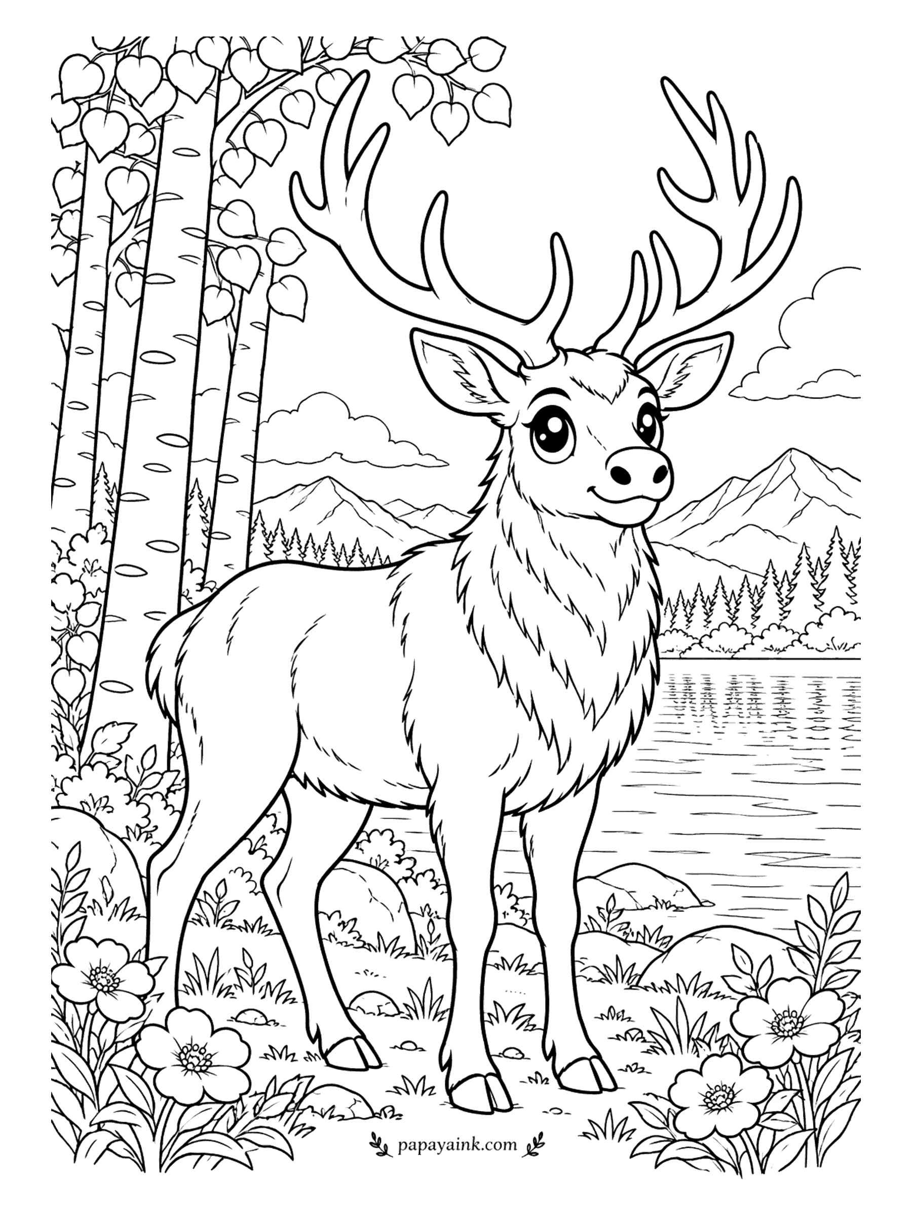 Cute Animal Coloring Pages - Antlers wider than its shoulders, a bull elk stands in a meadow of wildflowers among aspens, a mountain lake and pine forest beyond. Aspen bark is pale with small dark marks - a few quick dashes do it.