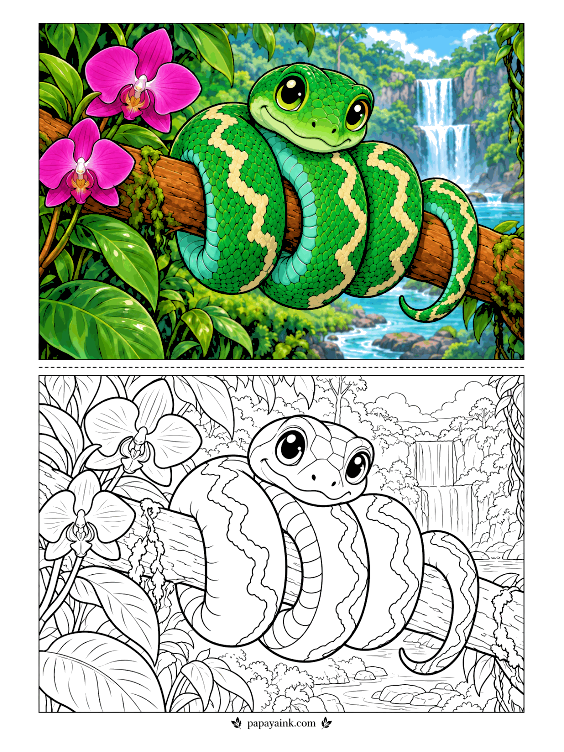 Cute Animal Coloring Pages - Coiled over a branch in perfect loops, an emerald tree boa waits out the day near a jungle waterfall, pink orchids above. Bright green with a white zigzag down the back - mark the zigzag first, then fill the green.