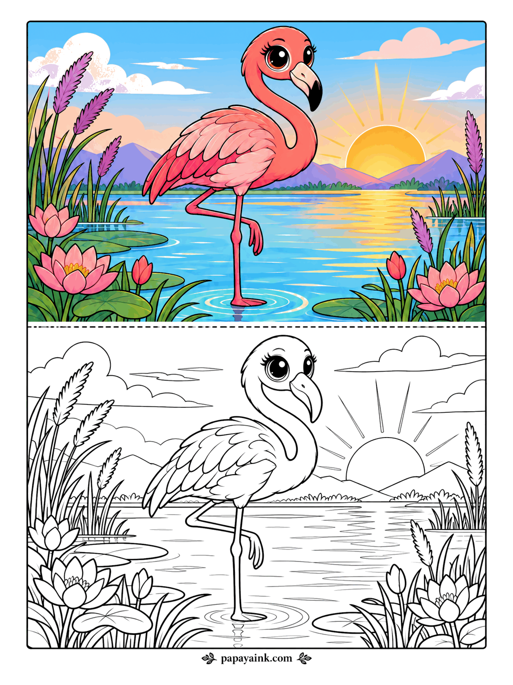 Cute Animal Coloring Pages - One leg tucked up, a flamingo stands in still water as the sun sets behind purple hills, with pink lotus flowers and reed stalks at the edge. Blend the sky from yellow through peach to lavender, and let the bird stay flat pink against it.