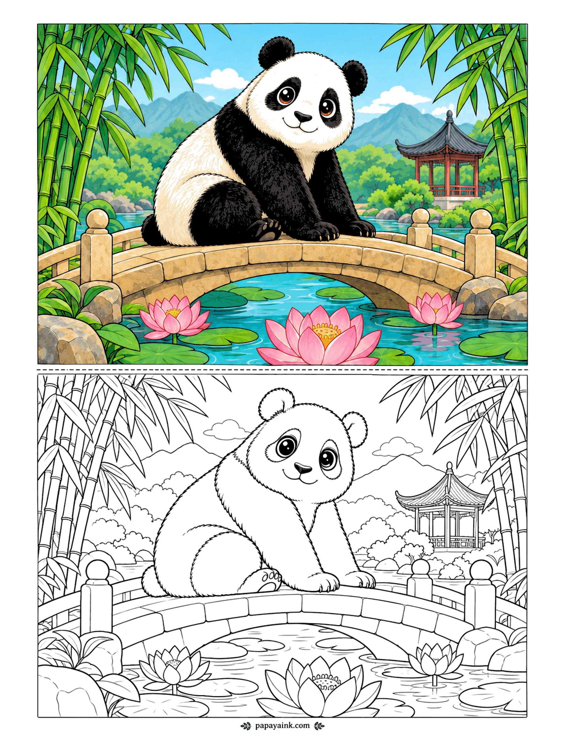 Cute Animal Coloring Pages - Halfway across a stone bridge, a giant panda has decided this is the spot. Lotus flowers open on the pond below, bamboo crowds both banks and a pavilion roof peeks out past the trees. Two colors on the bear, every other color around it.