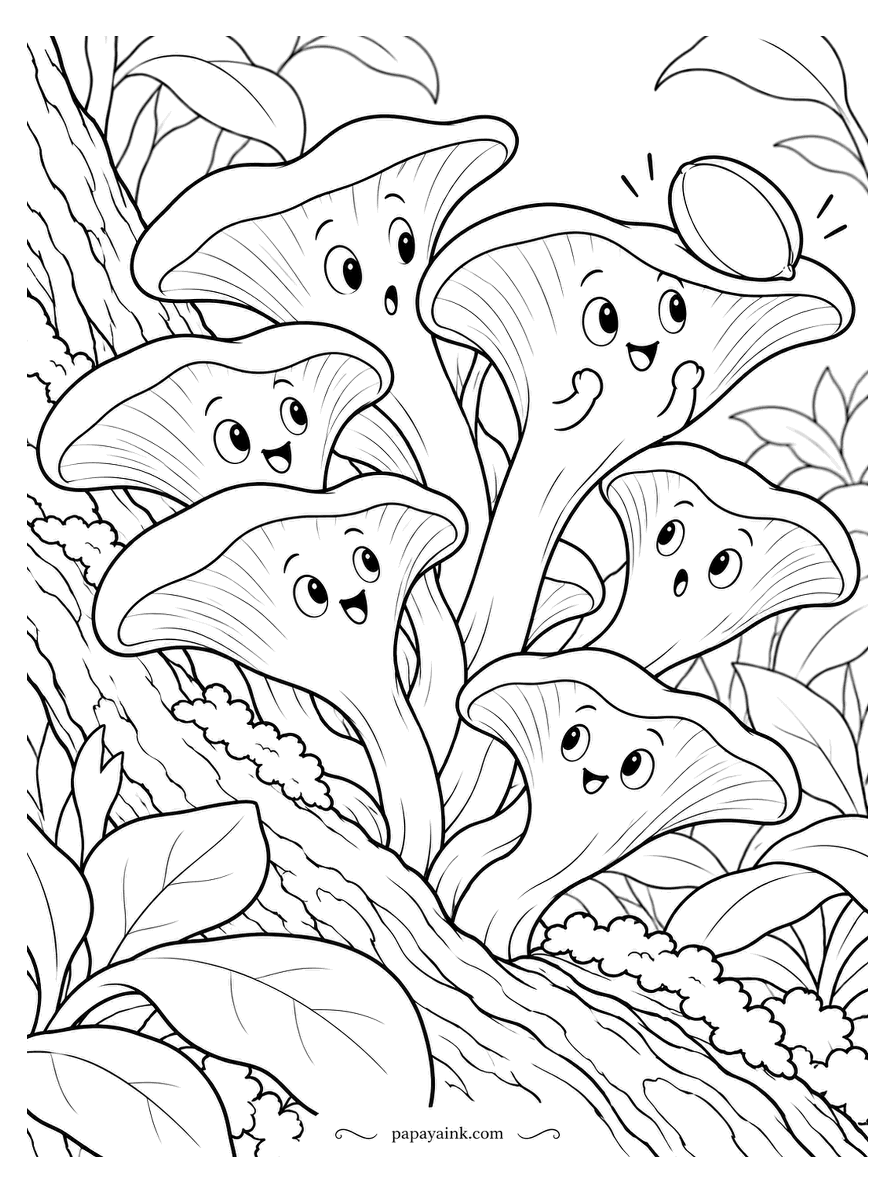 Mushroom Coloring Pages - A nut has dropped from somewhere above and every golden oyster in the cluster is reacting to it differently. Golden oyster caps are a startling egg-yolk yellow in real life, so this is the one sheet where you can go bright with no excuse needed.
