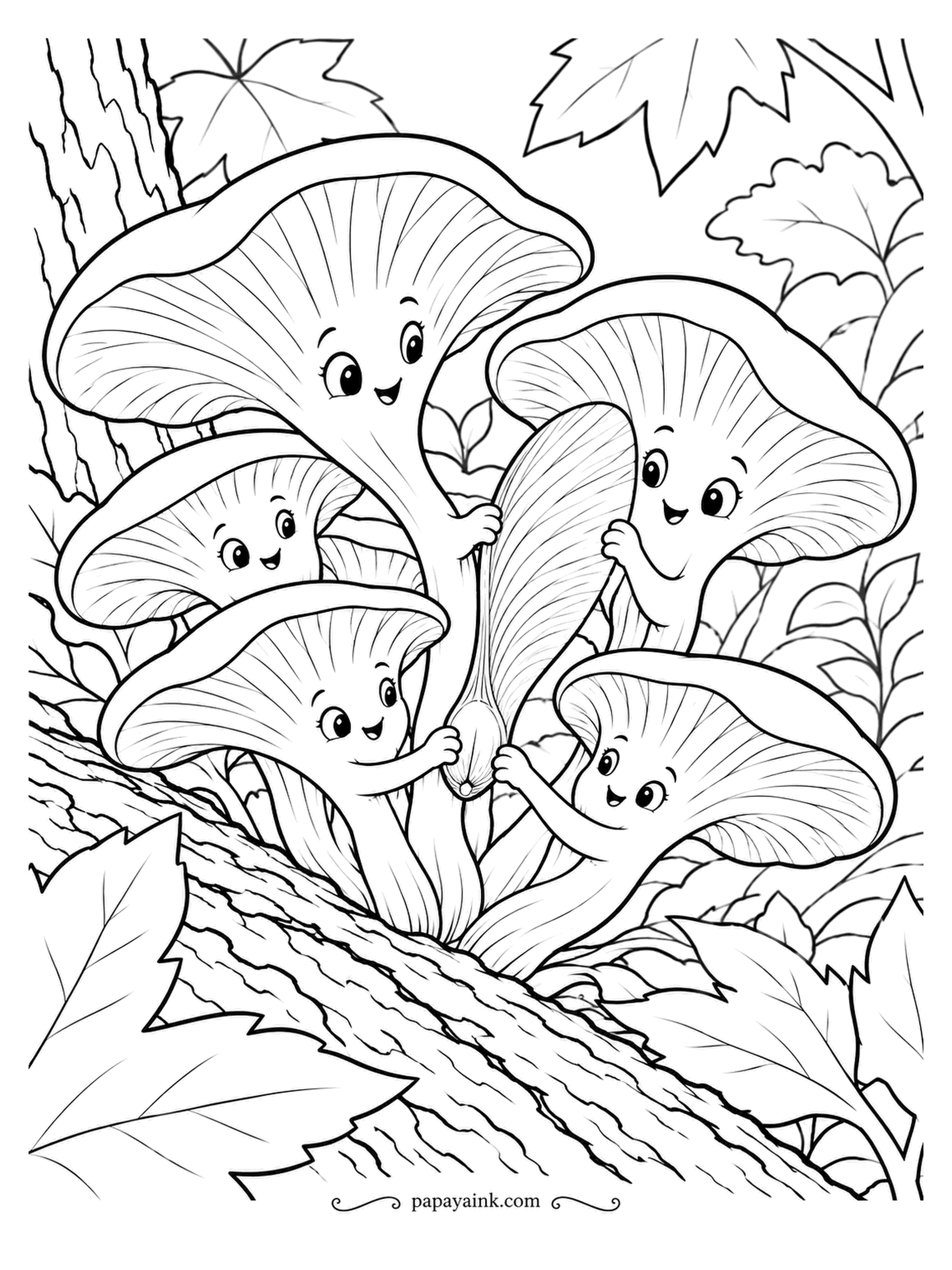 Mushroom Coloring Pages - Passing one seed along a whole cluster takes coordination, and the golden oysters on this log are giving it their all. Real golden oysters grow in bouquets of dozens of thin, brittle caps. Bright yellow on top, nearly white on the stems.