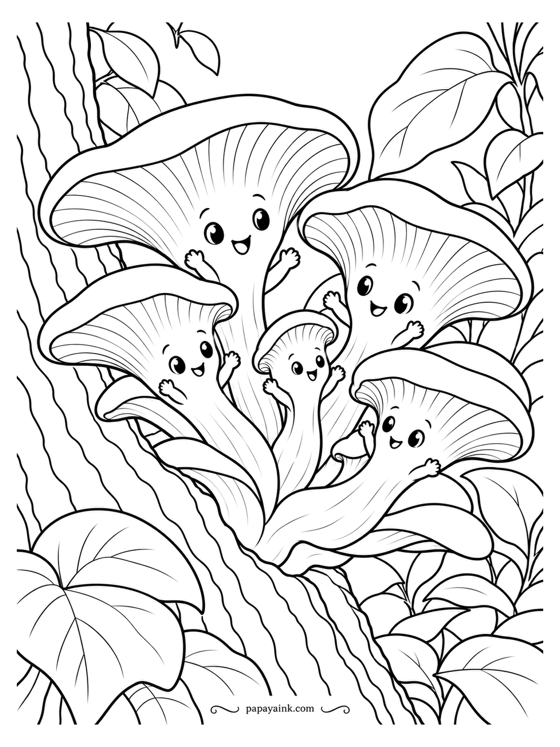 Mushroom Coloring Pages - The gap where the trunk splits now belongs to five golden oysters, all cheering for something out of frame. Golden oysters come from East Asia and have escaped from farms into the wild in the American Midwest. Bright yellow is the correct answer here.