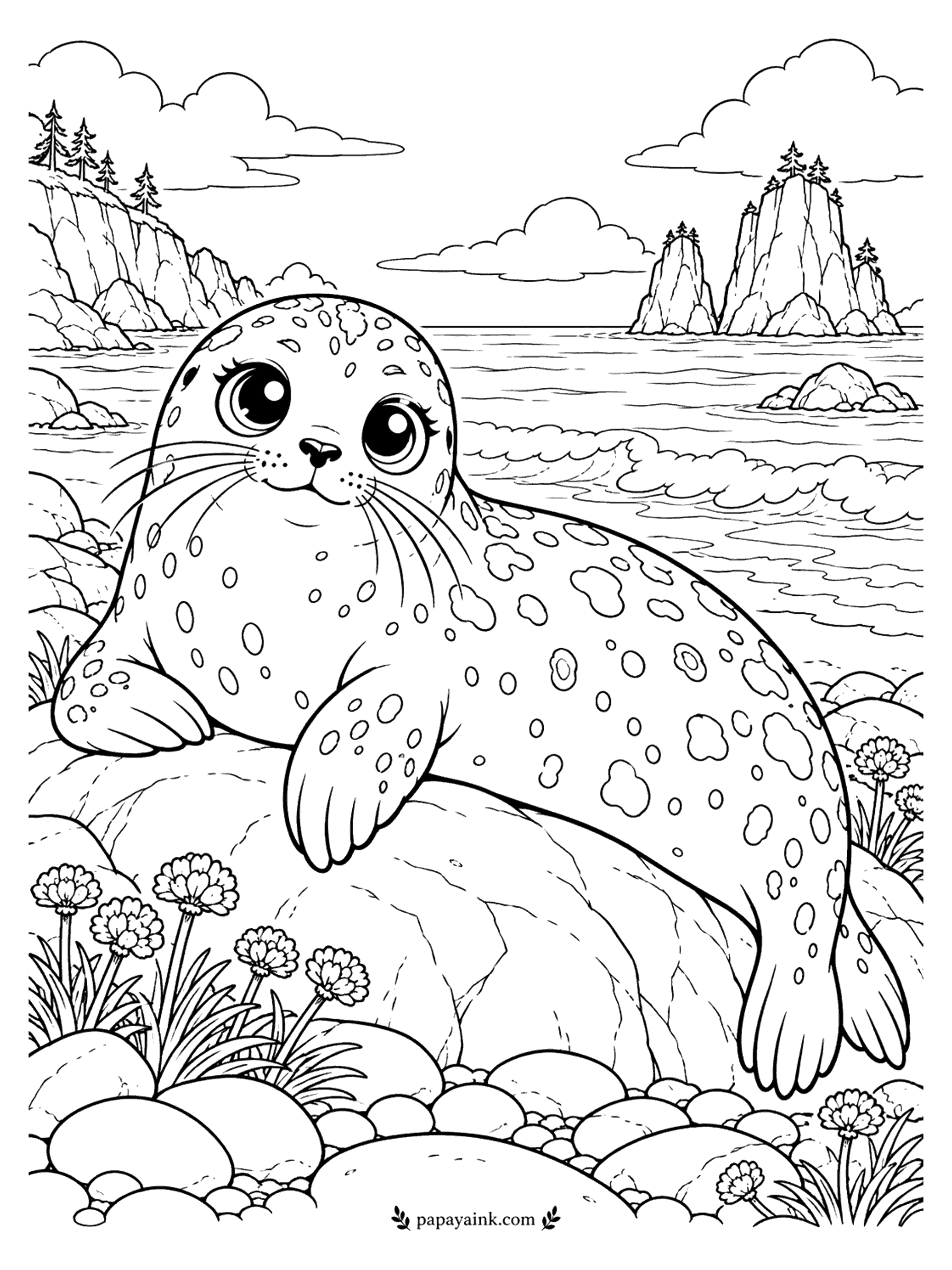 Cute Animal Coloring Pages - Sunbathing is serious work. A spotted harbor seal stretches out on a boulder by the waves, sea pinks at its side and sea stacks out in the bay. Gray spots on a silver coat, whiskers left white.