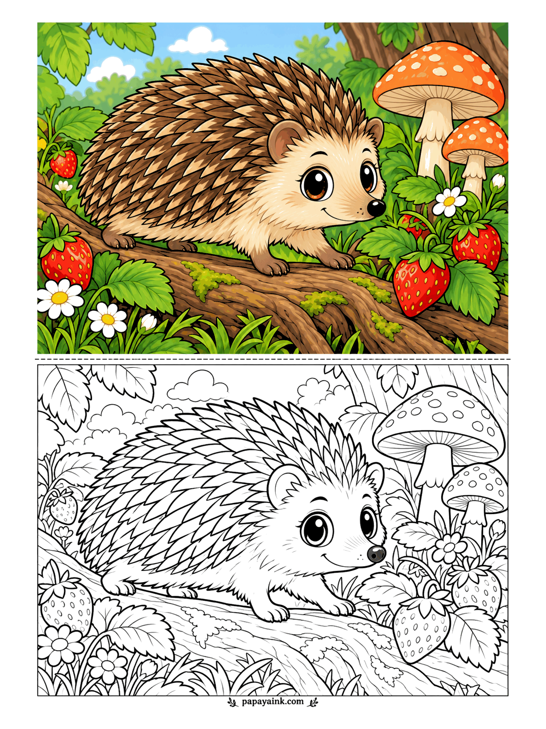 Cute Animal Coloring Pages - Strawberry season on the forest floor. A hedgehog shuffles along a fallen log toward ripe berries, with red toadstools and daisies along the way. Short strokes of two browns make the spines look prickly instead of flat.