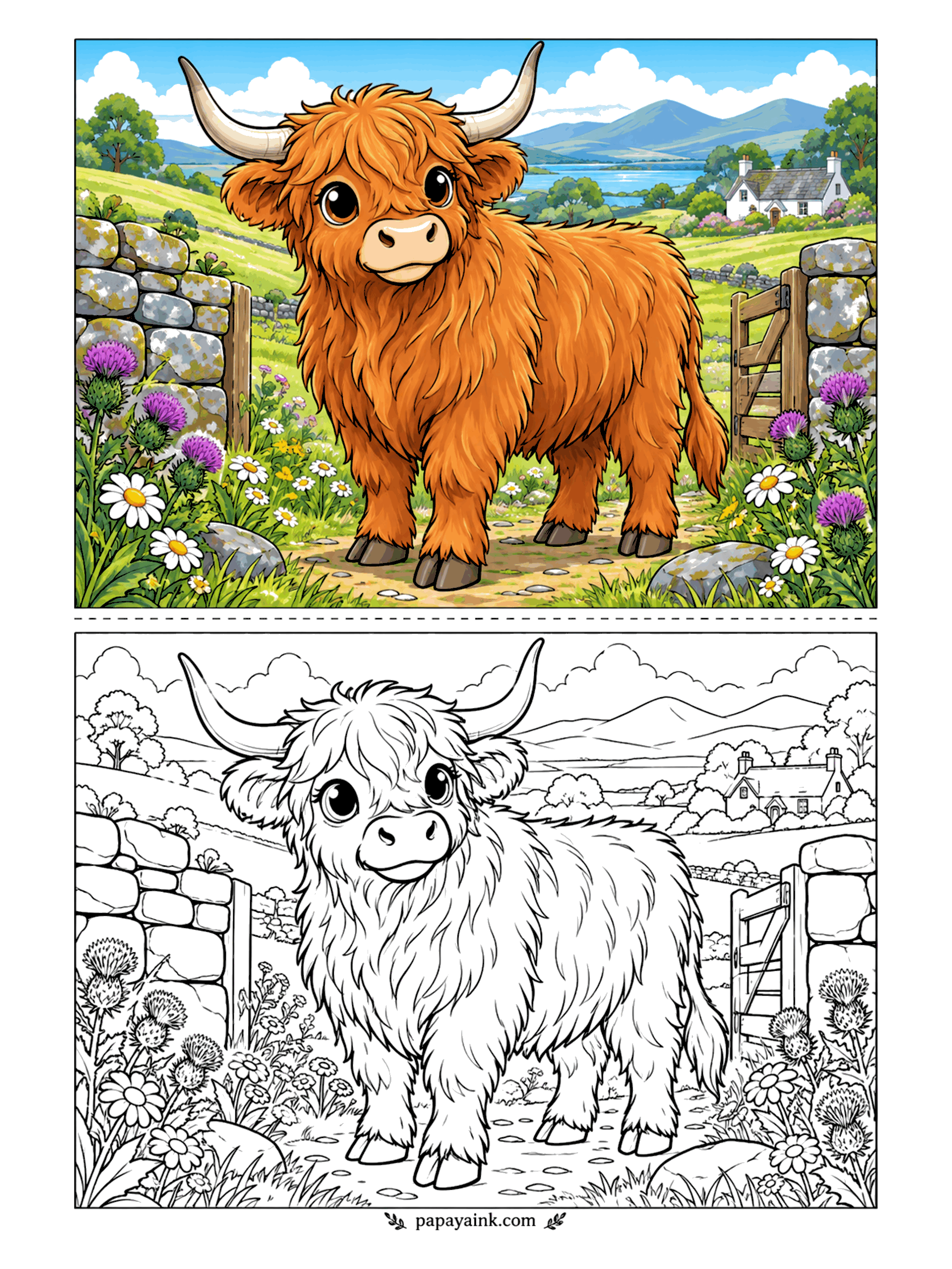 Cute Animal Coloring Pages - Shaggy bangs over the eyes, long horns, and a daisy meadow between two drystone walls - a Highland cow in a Scottish glen with a farmhouse and a loch behind it. Lots of long fur to stroke in with a ginger pencil. Detailed.