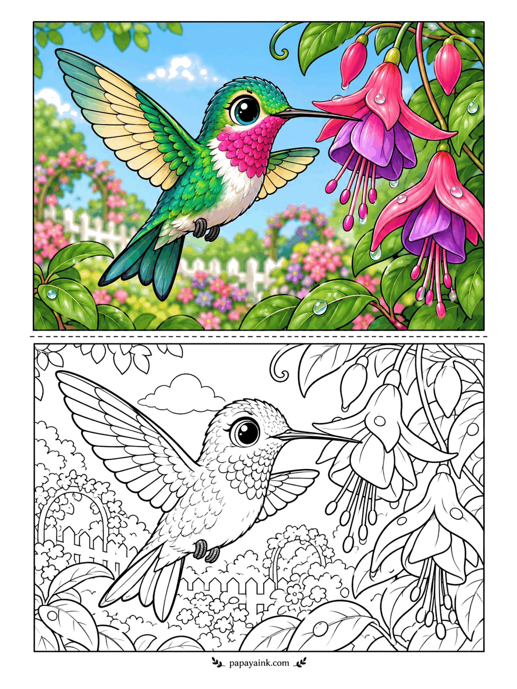 Cute Animal Coloring Pages - Breakfast comes from a fuchsia blossom. A hummingbird hovers with its beak deep inside, high over a cottage garden with a white picket fence and a rose arch. The throat is the jewel here - try magenta with a touch of purple.