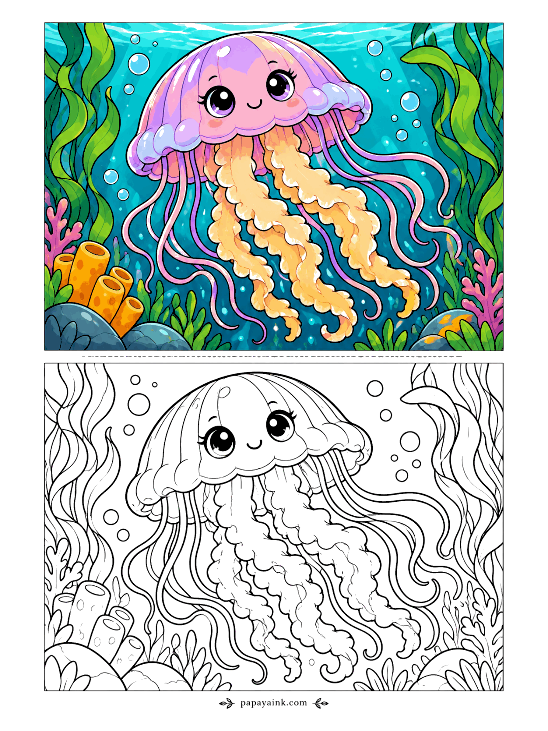Cute Animal Coloring Pages - The kelp forest has a visitor. A jellyfish drifts between the fronds, trailing long frilled tentacles down past orange tube sponges on the seabed. The bell is translucent in the sample - try layering pink over lilac very lightly to get the glow.