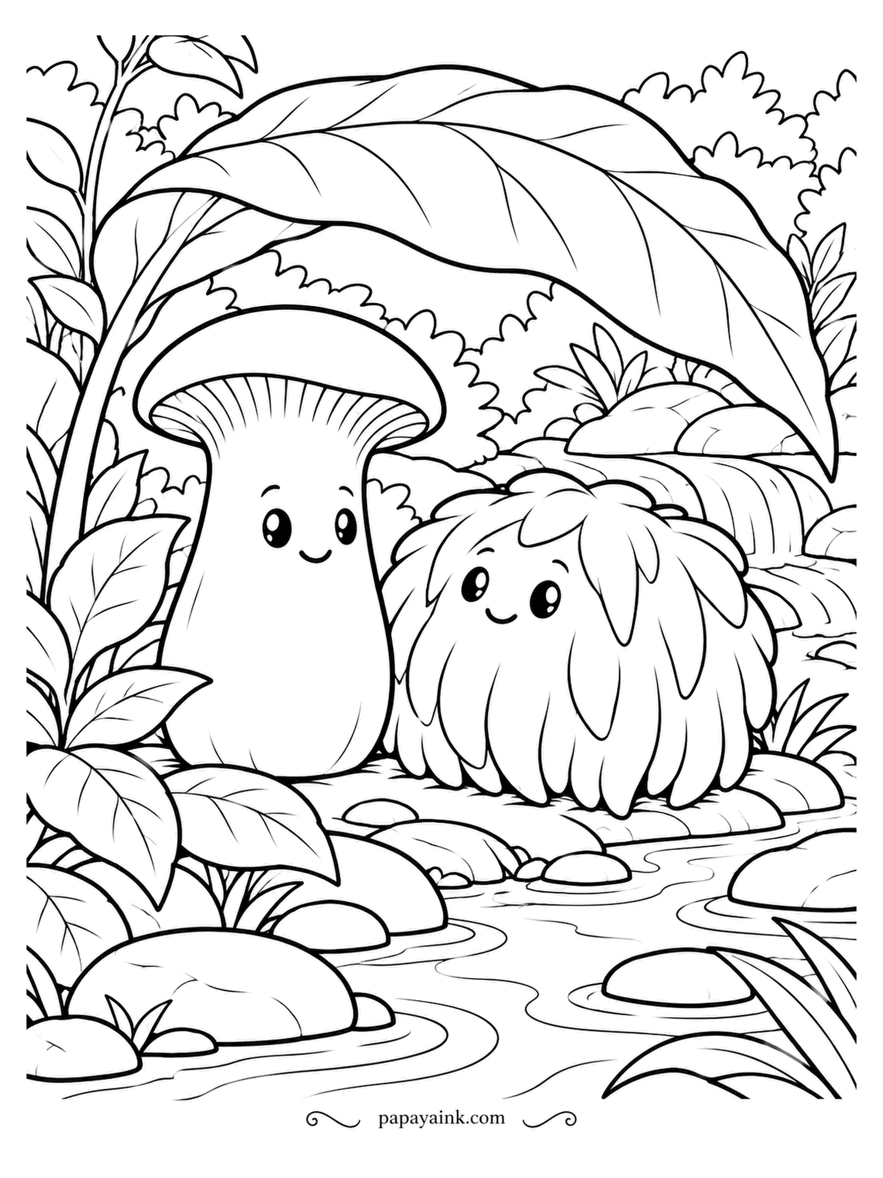 Mushroom Coloring Pages - Under a leaf big enough to be a roof, a king oyster and a lion's mane wait out the rain. The king is all stem, the lion's mane all fringe. Both are nearly white in real life: color the stream and pebbles, not the pair.
