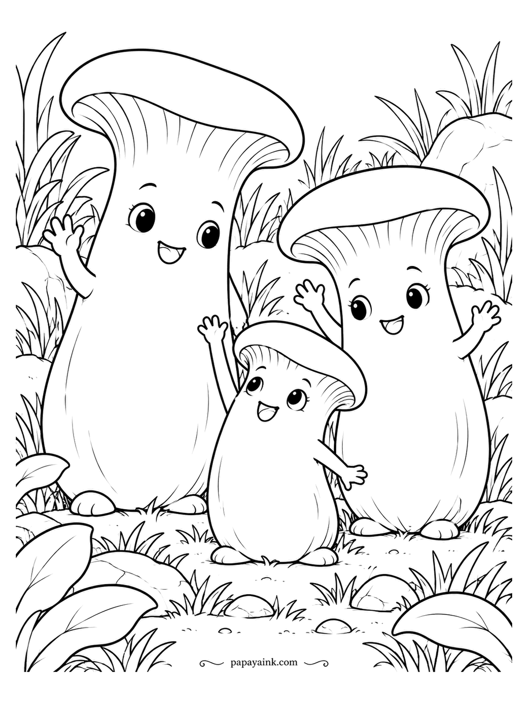 Mushroom Coloring Pages - Mom and dad king oyster wave hello, and the little one salutes with the tiny cap it has so far. On a king oyster the cap stays small while the stem does all the growing. Pale cream mushrooms; spend the color on the grass.