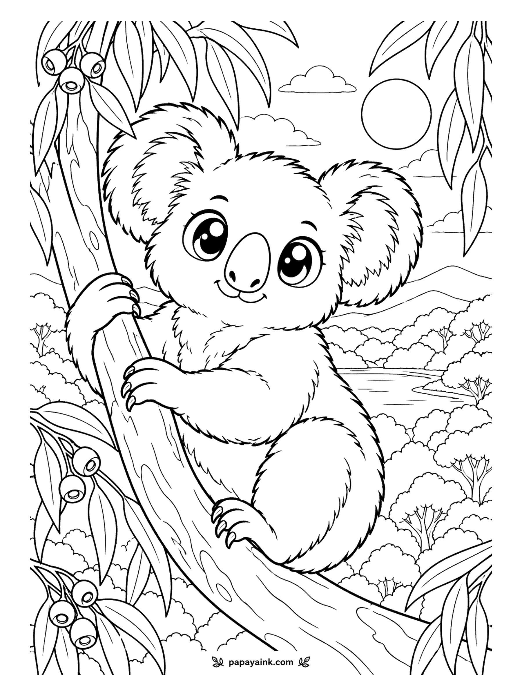 Cute Animal Coloring Pages - Arms and legs wrapped around a eucalyptus trunk, a koala peers out from the branch it will likely sleep on most of the day. Gum nuts dangle nearby and a lake shines below. Silver gray fur, a black leather nose, a sleepy look.