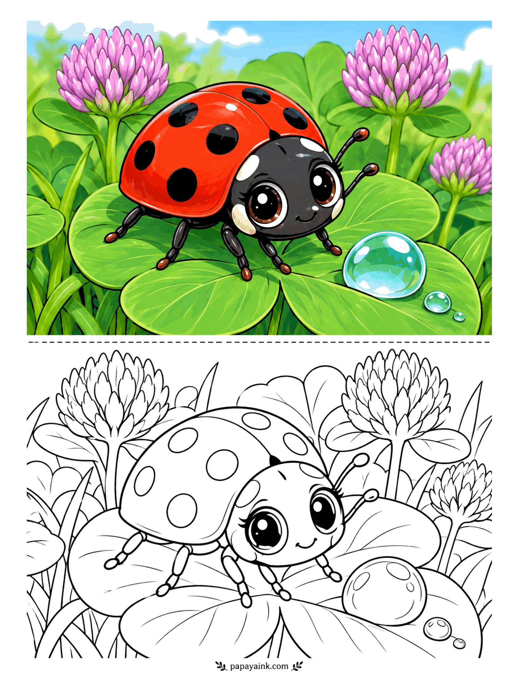 Cute Animal Coloring Pages - One drop of dew, one clover leaf, and a ladybug who got there first. Pink clover blossoms tower around her like trees. Glossy red shell, black spots, and a bright highlight on the dewdrop to make it shine.
