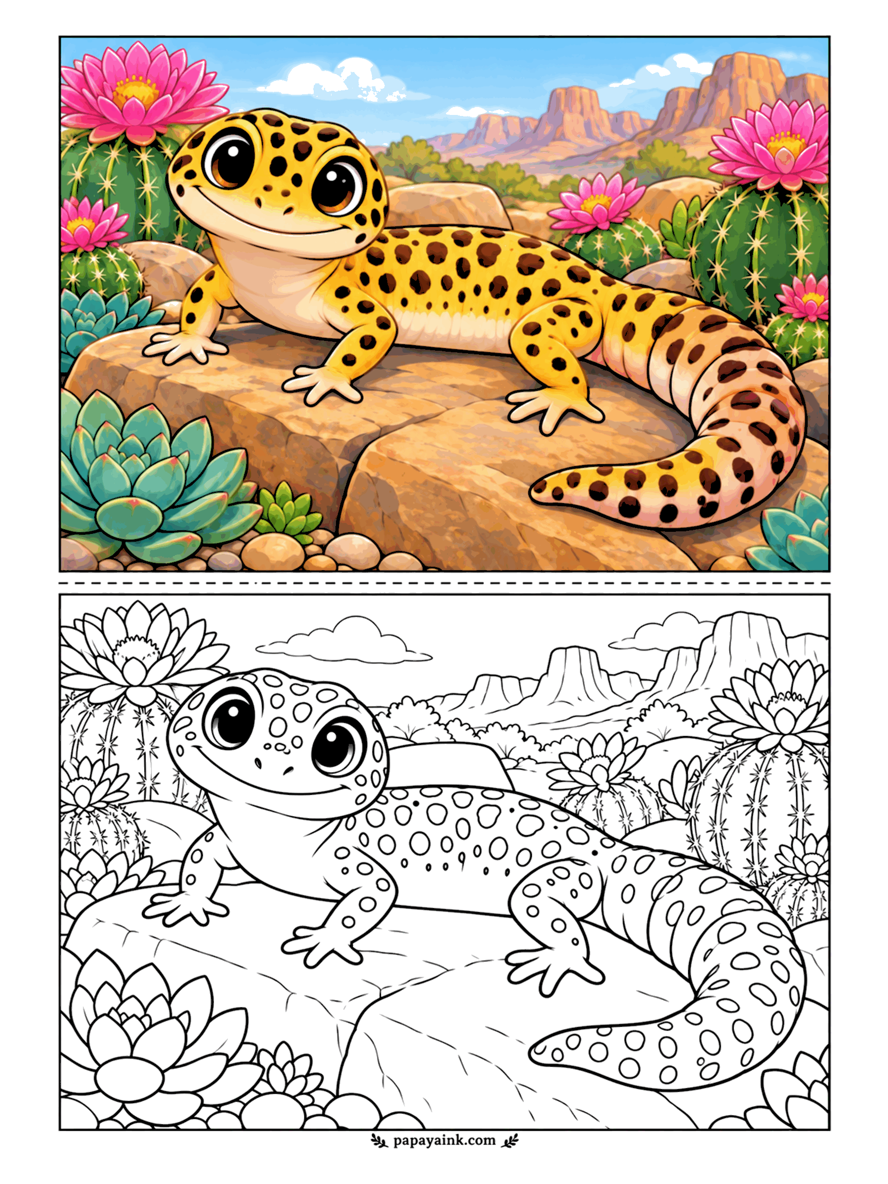 Cute Animal Coloring Pages - Basking is a full-time job for a leopard gecko. It lies flat on a warm sandstone rock among cacti and succulents, mesas far behind. Yellow with dark spots on top, pale underneath, and a plump spotted tail.